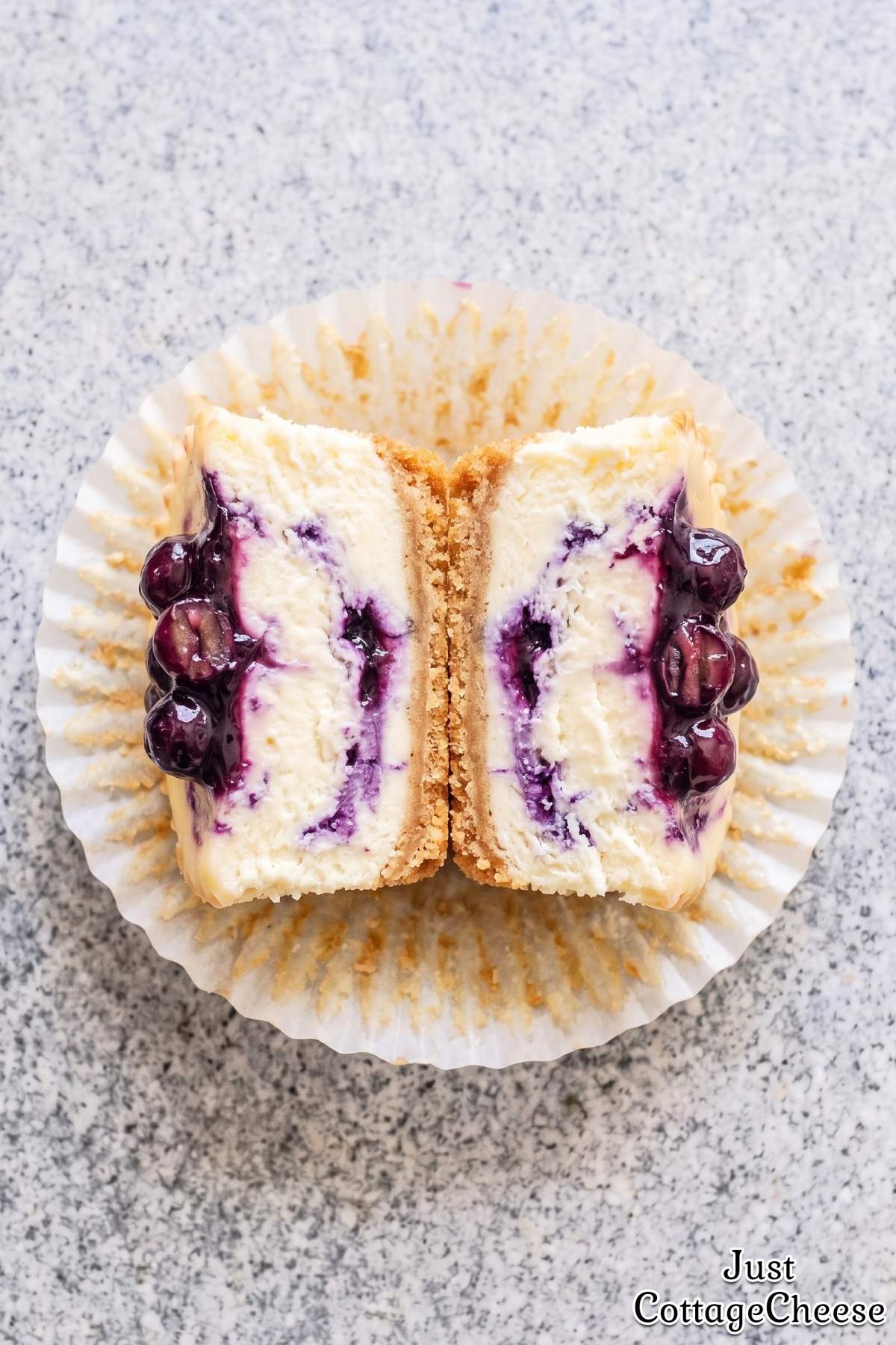 Mini cottage cheese blueberry swirl cheesecakes