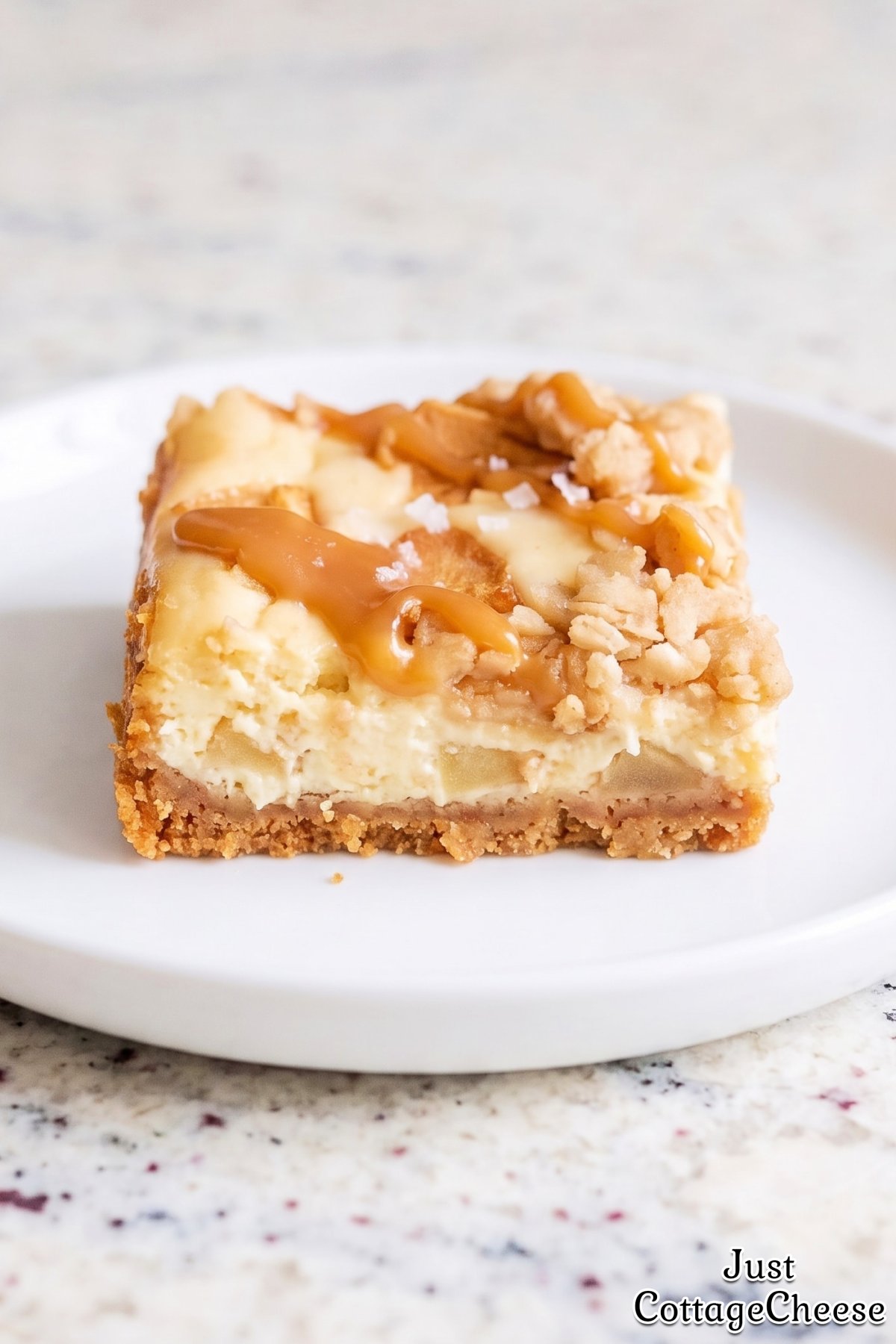 Caramel apple cottage cheese bars on a plate