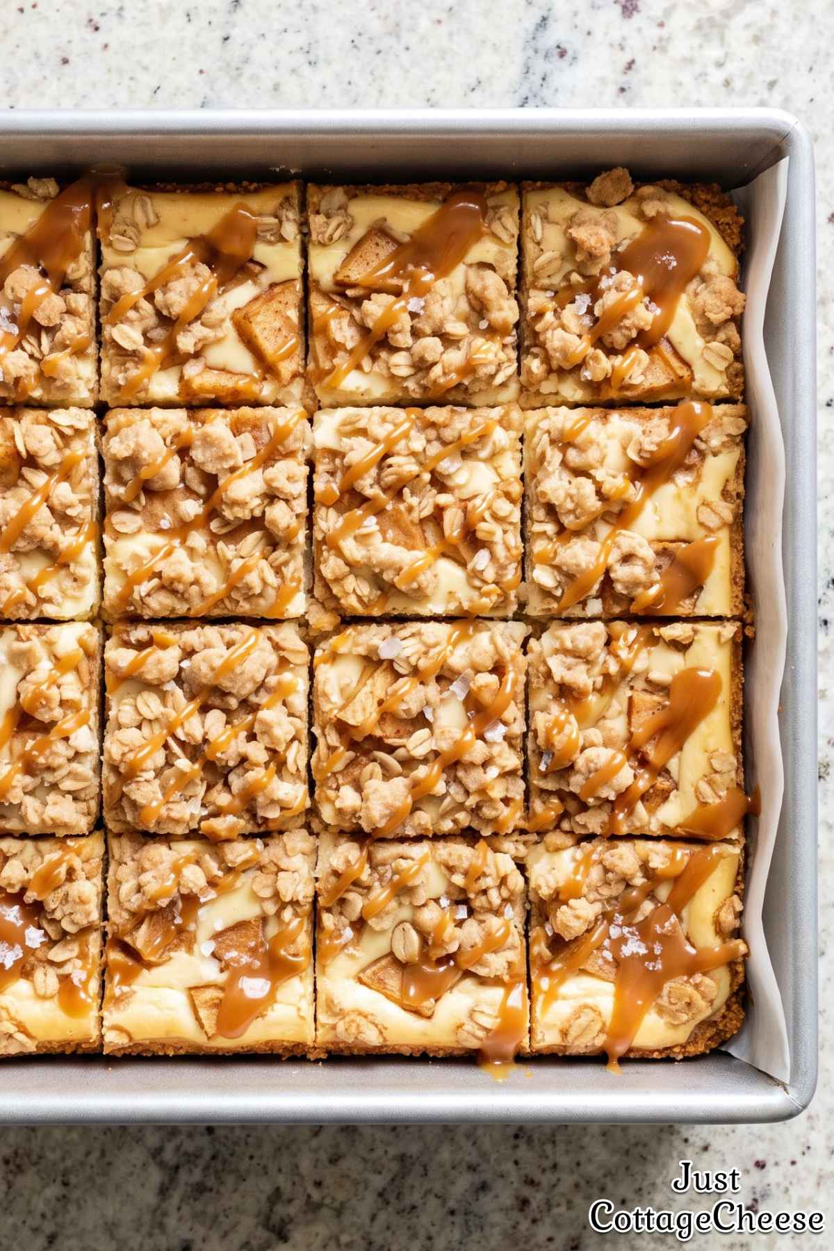 Stack of caramel apple cheesecake bars