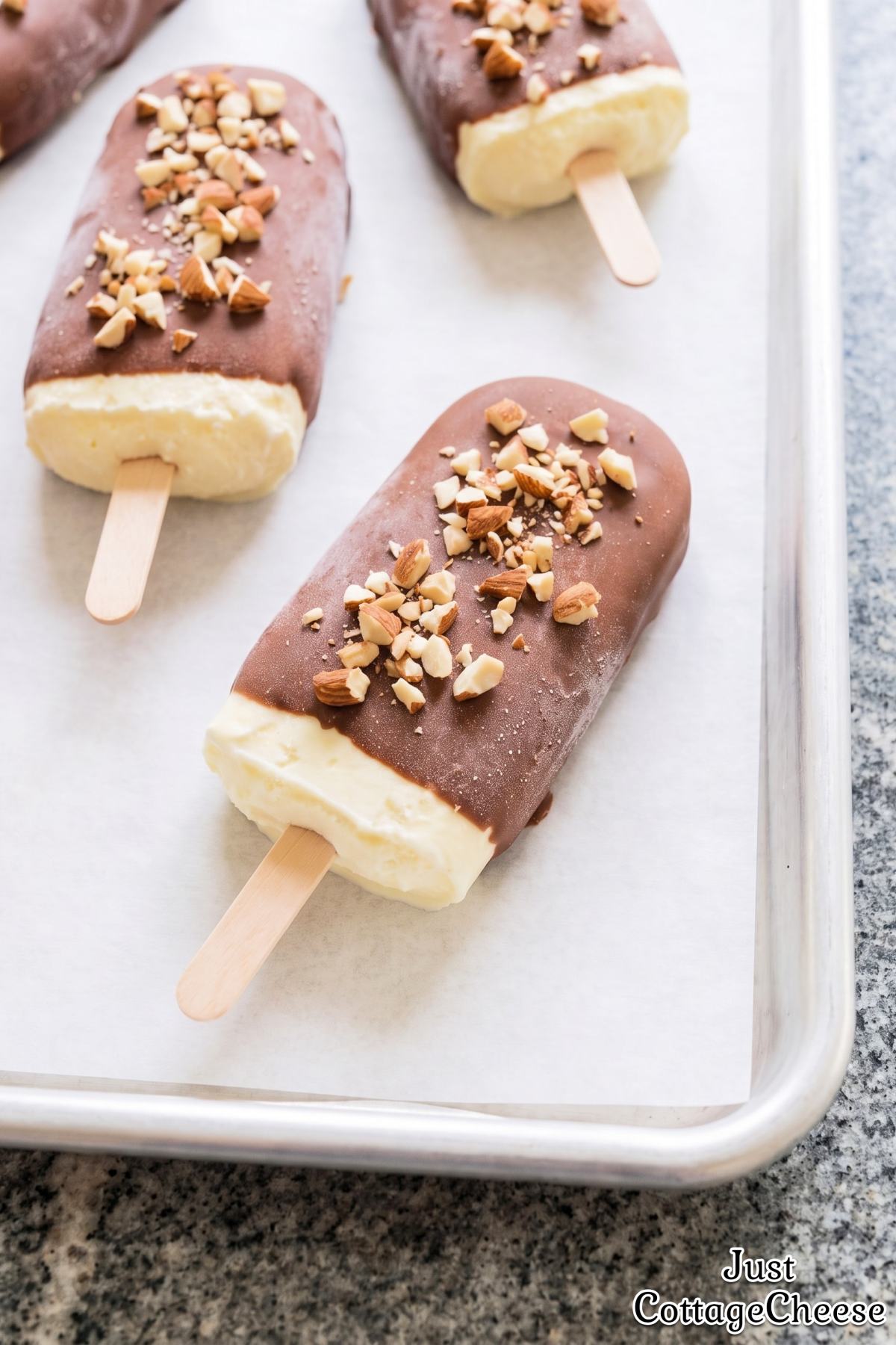 Cottage cheese ice cream bars coated in chocolate
