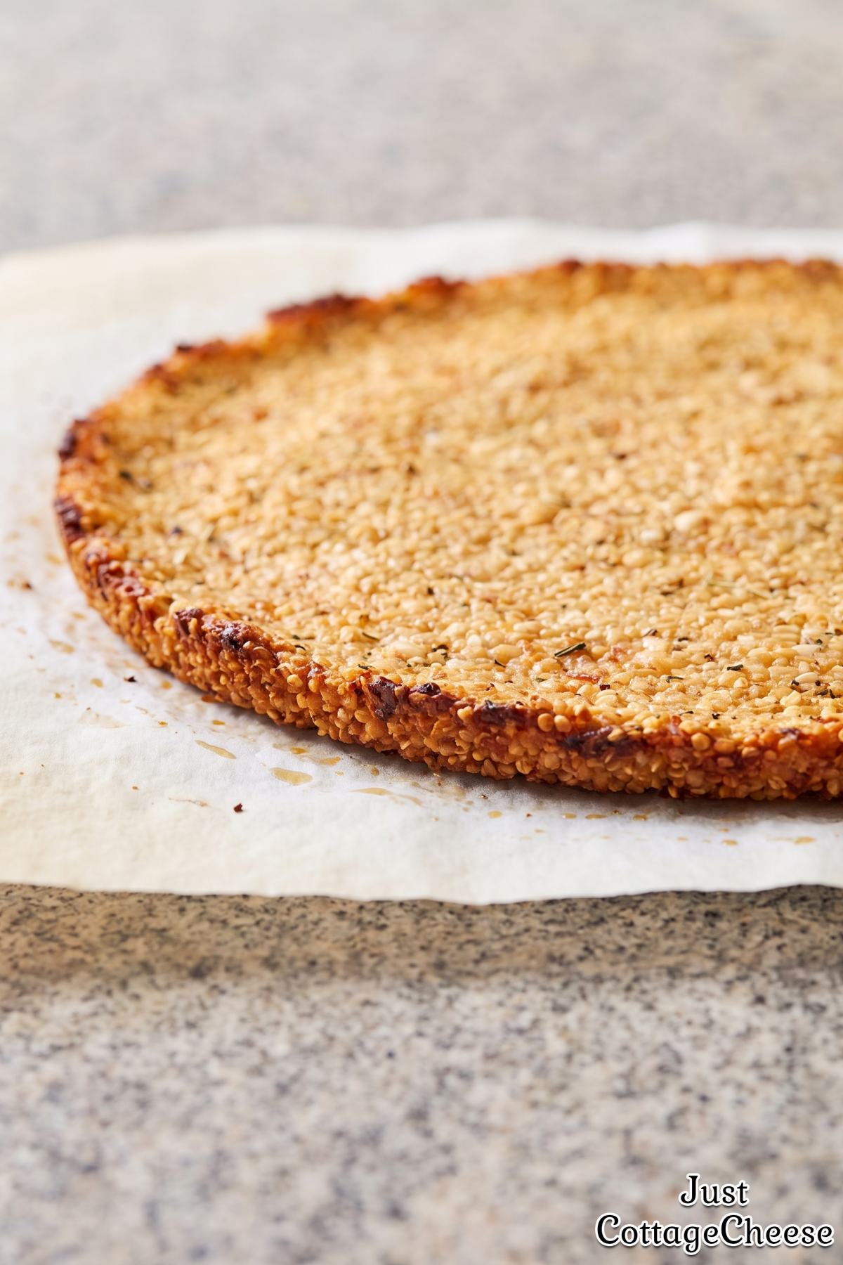Golden quinoa pizza crust with cottage cheese