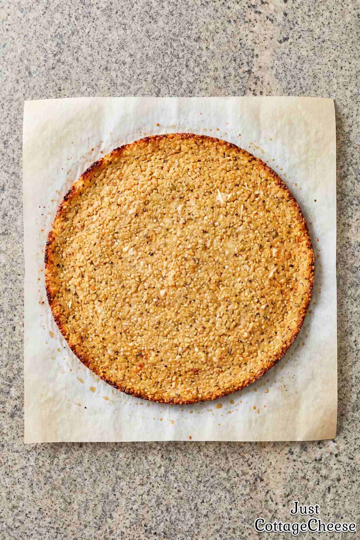 Baked quinoa pizza crust close up