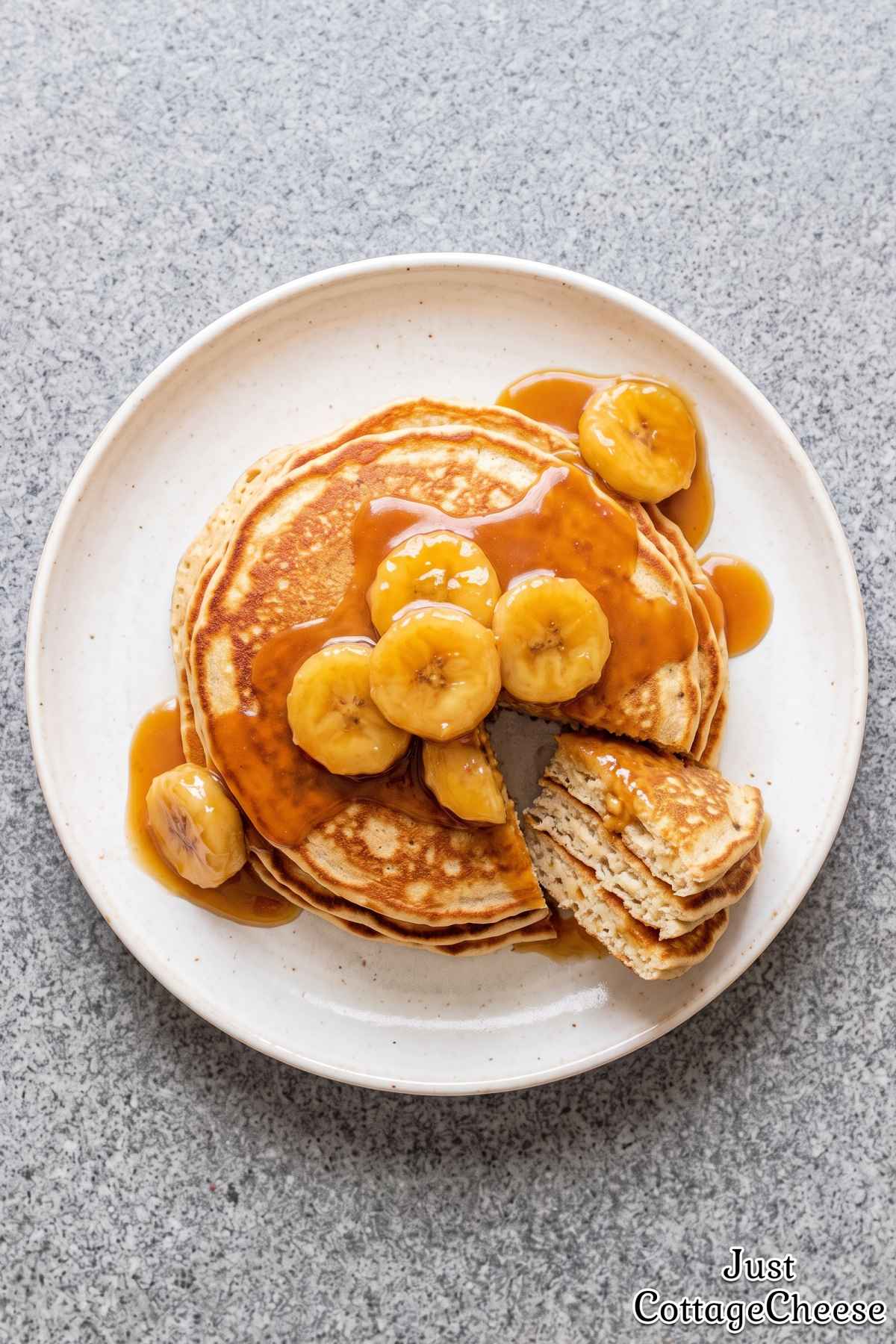 Cottage cheese caramel pancakes with banana