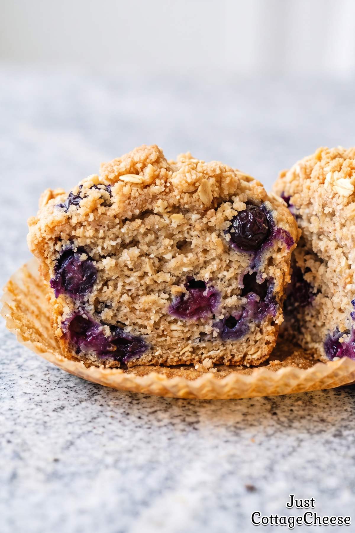 Cottage cheese blueberry crumble muffins