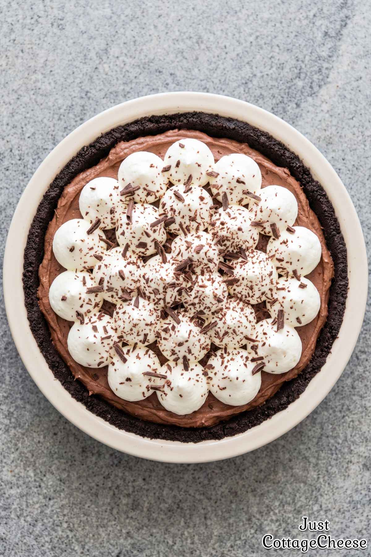 Slice of high protein chocolate cream pie.