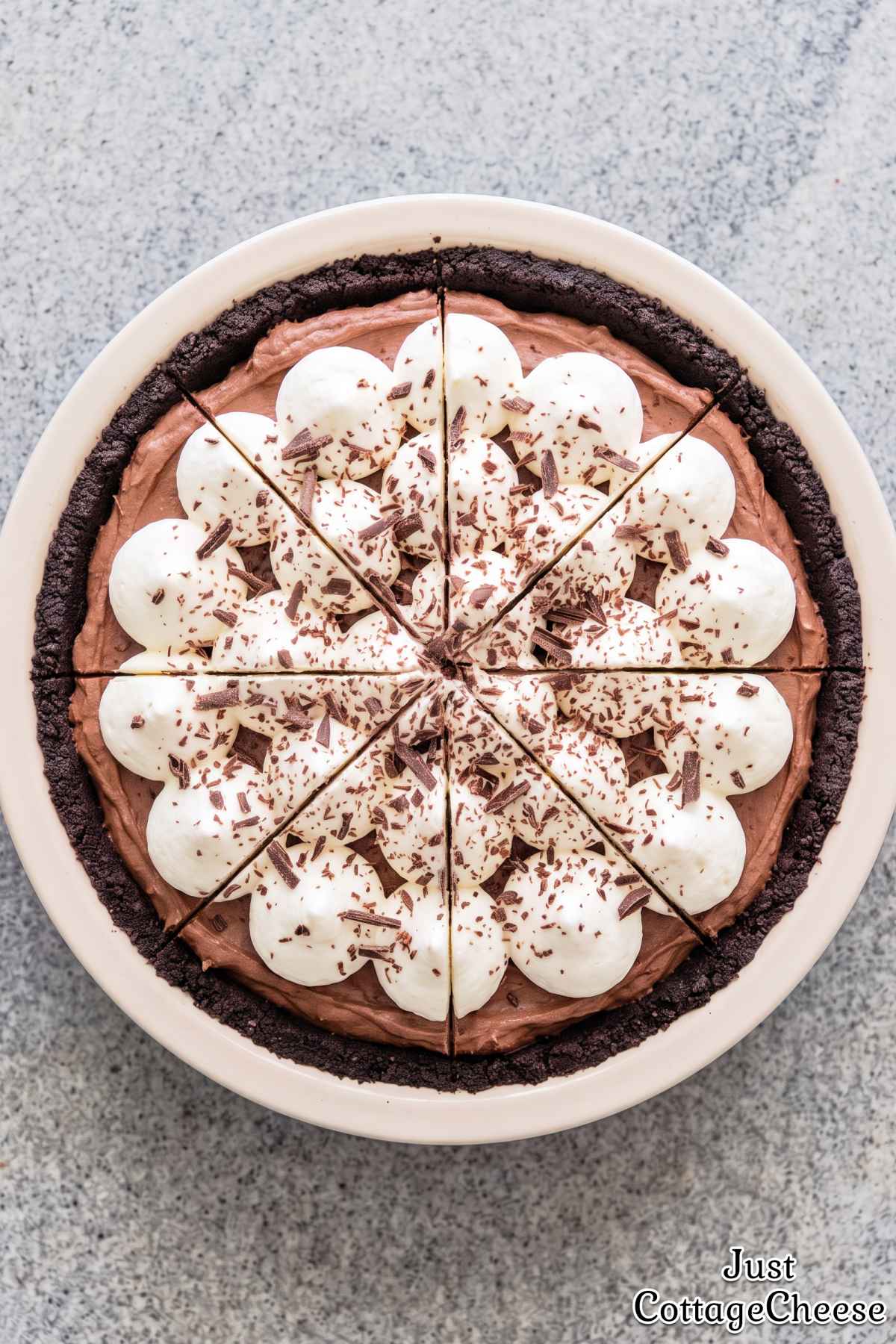 Smooth cottage cheese chocolate protein pie.