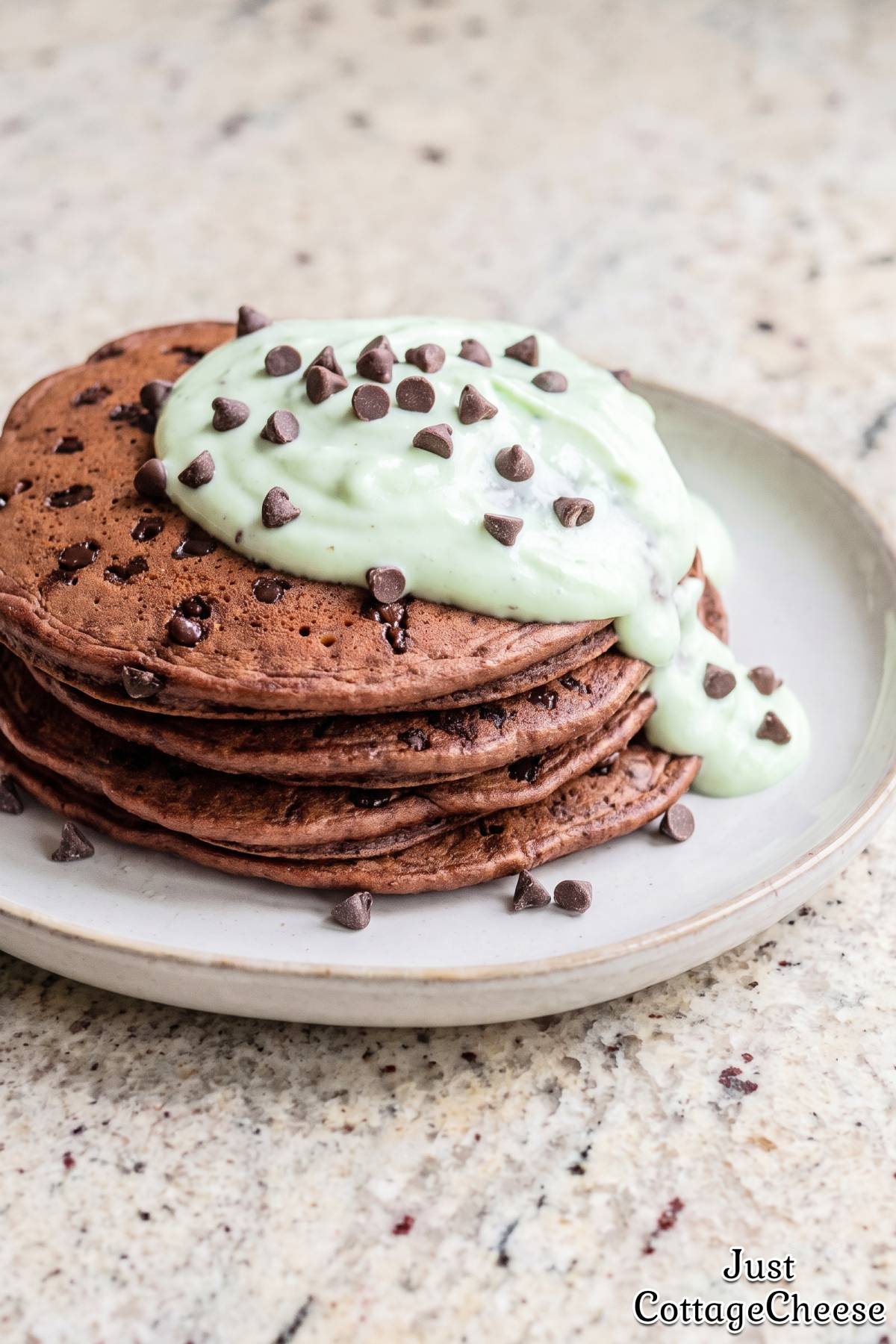 Tasty mint chocolate protein pancake stack