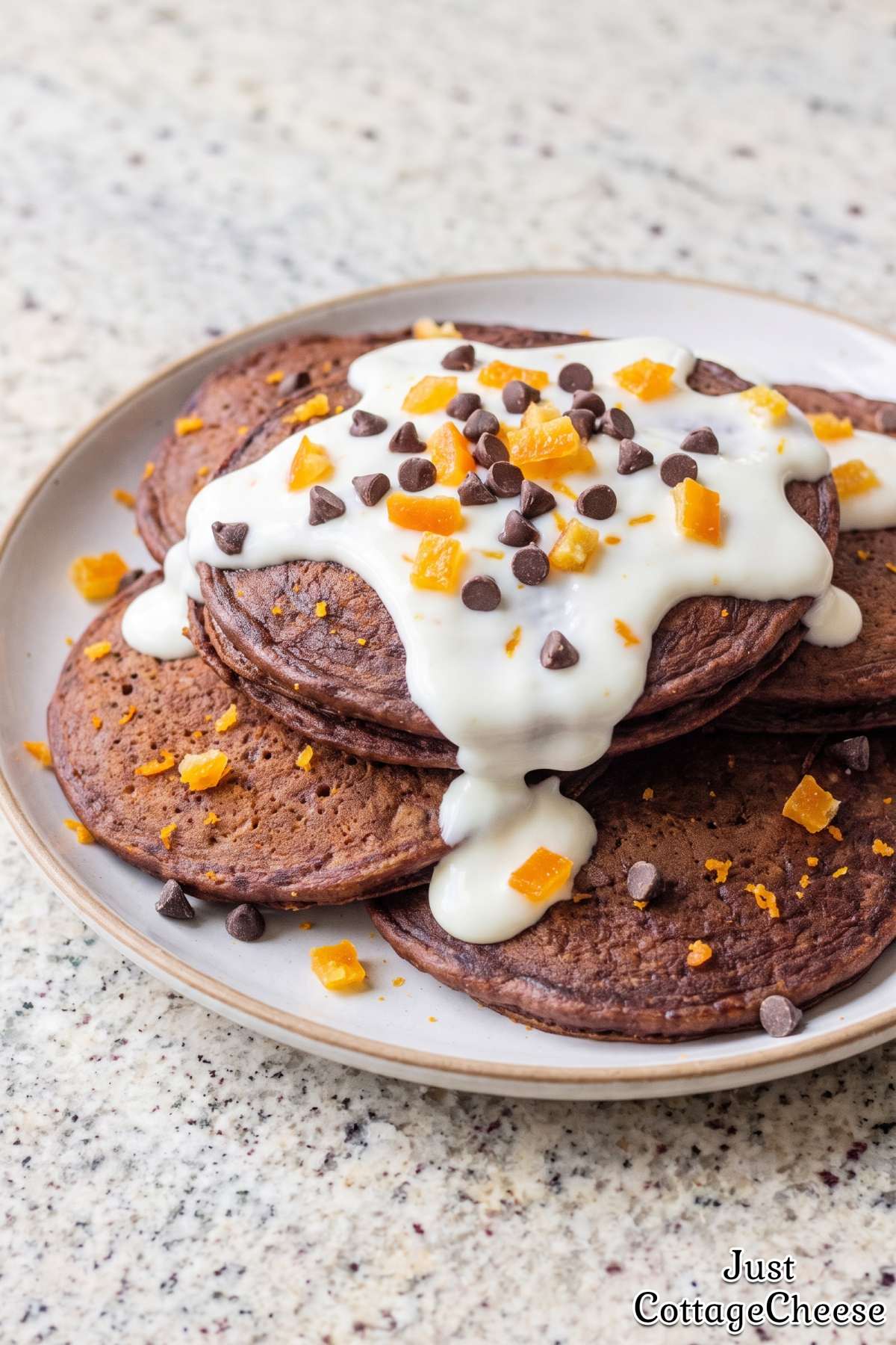 Fluffy chocolate orange protein pancake stack