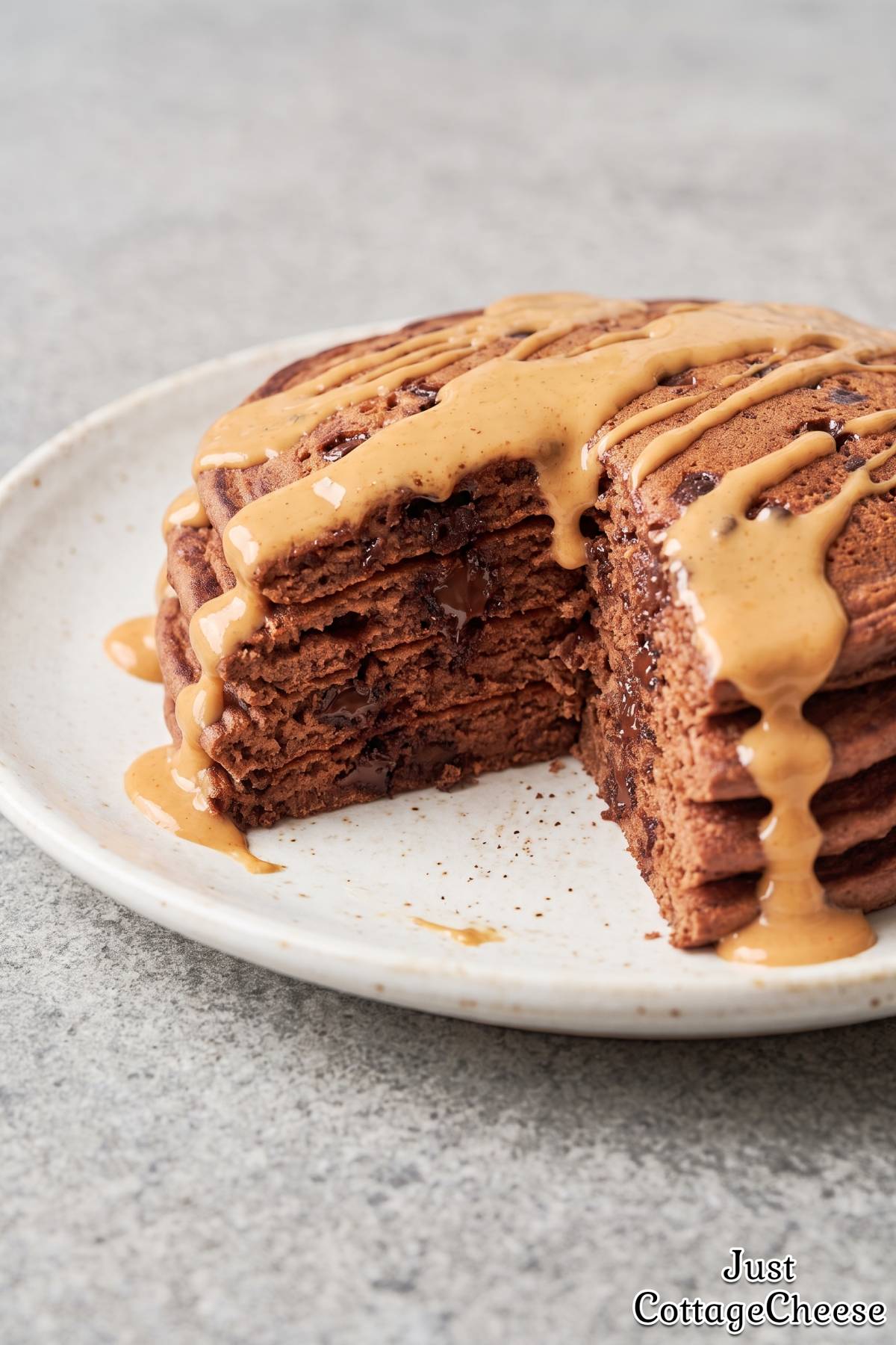 Rich chocolate protein pancakes with peanut butter