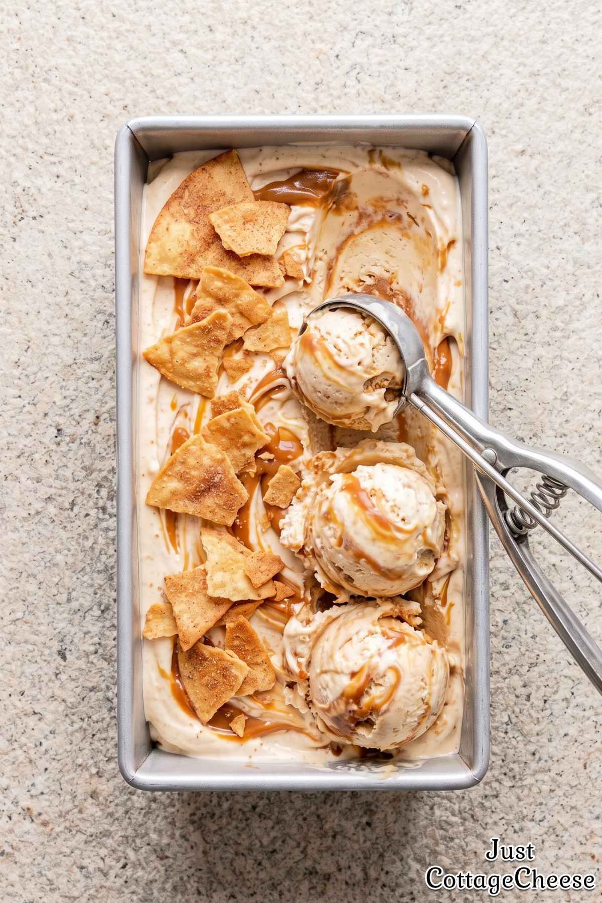 Chilled cottage cheese churro ice cream scoop