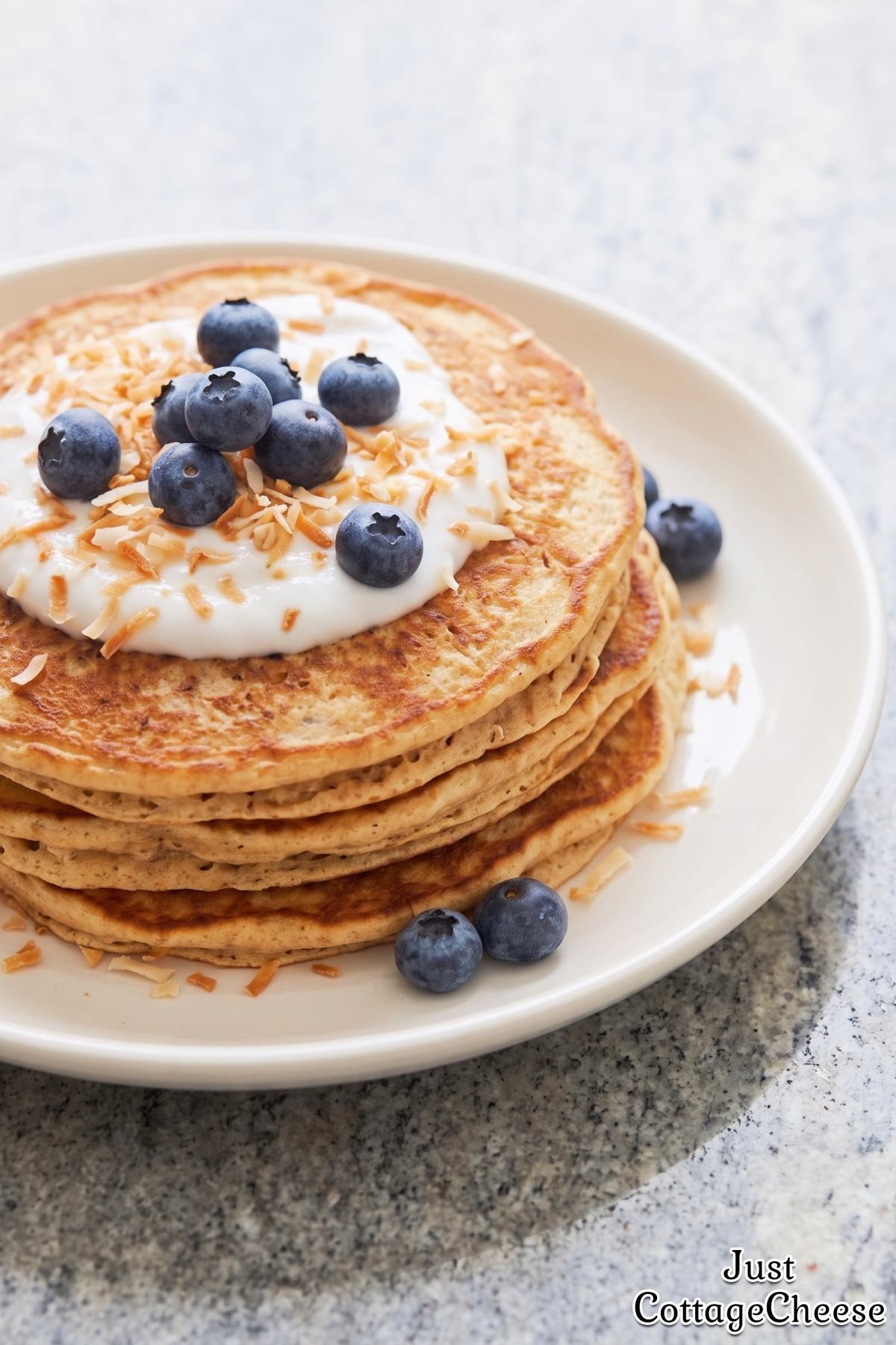 Warm cottage cheese protein pancake stack