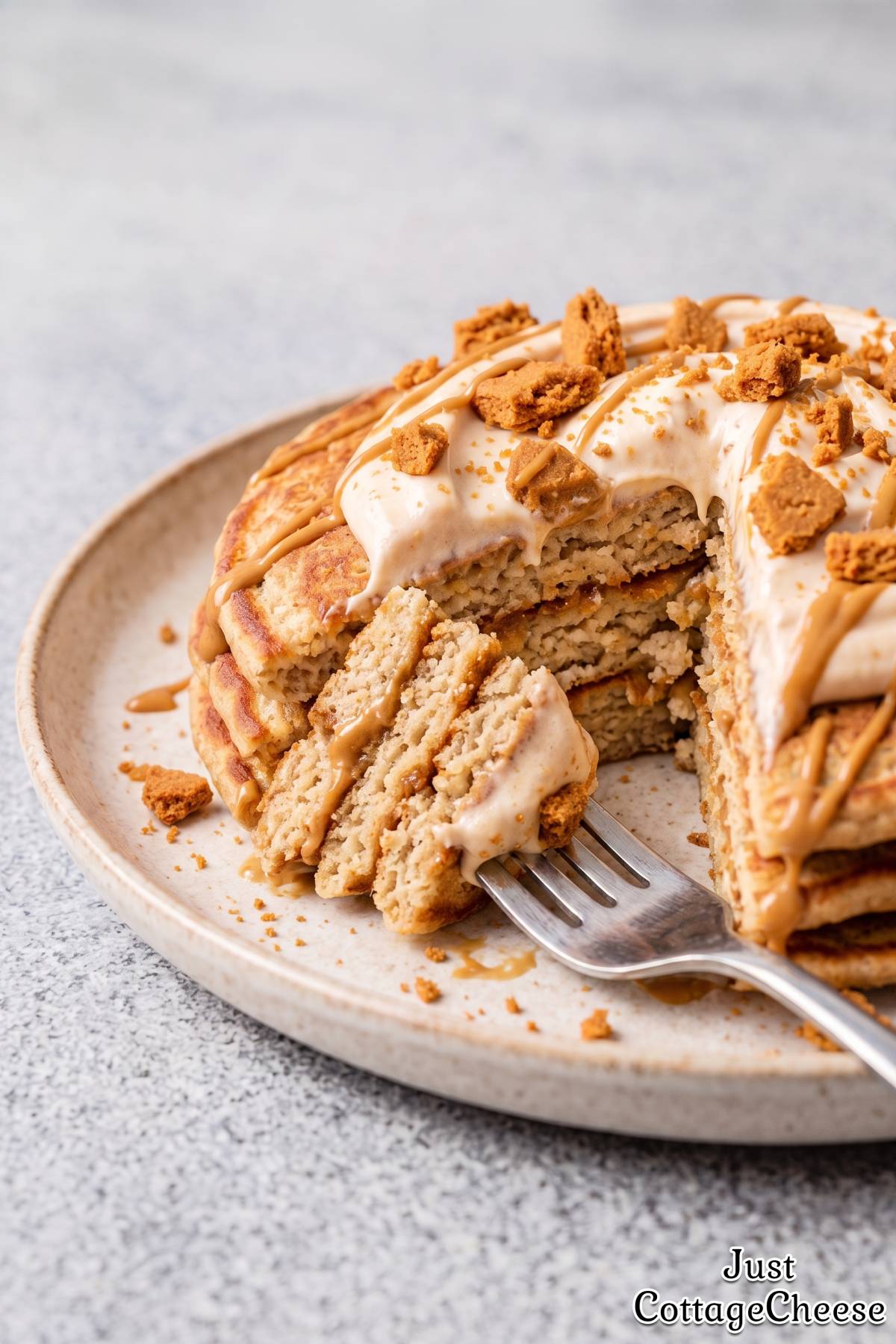 Fluffy cottage cheese protein pancakes stacked