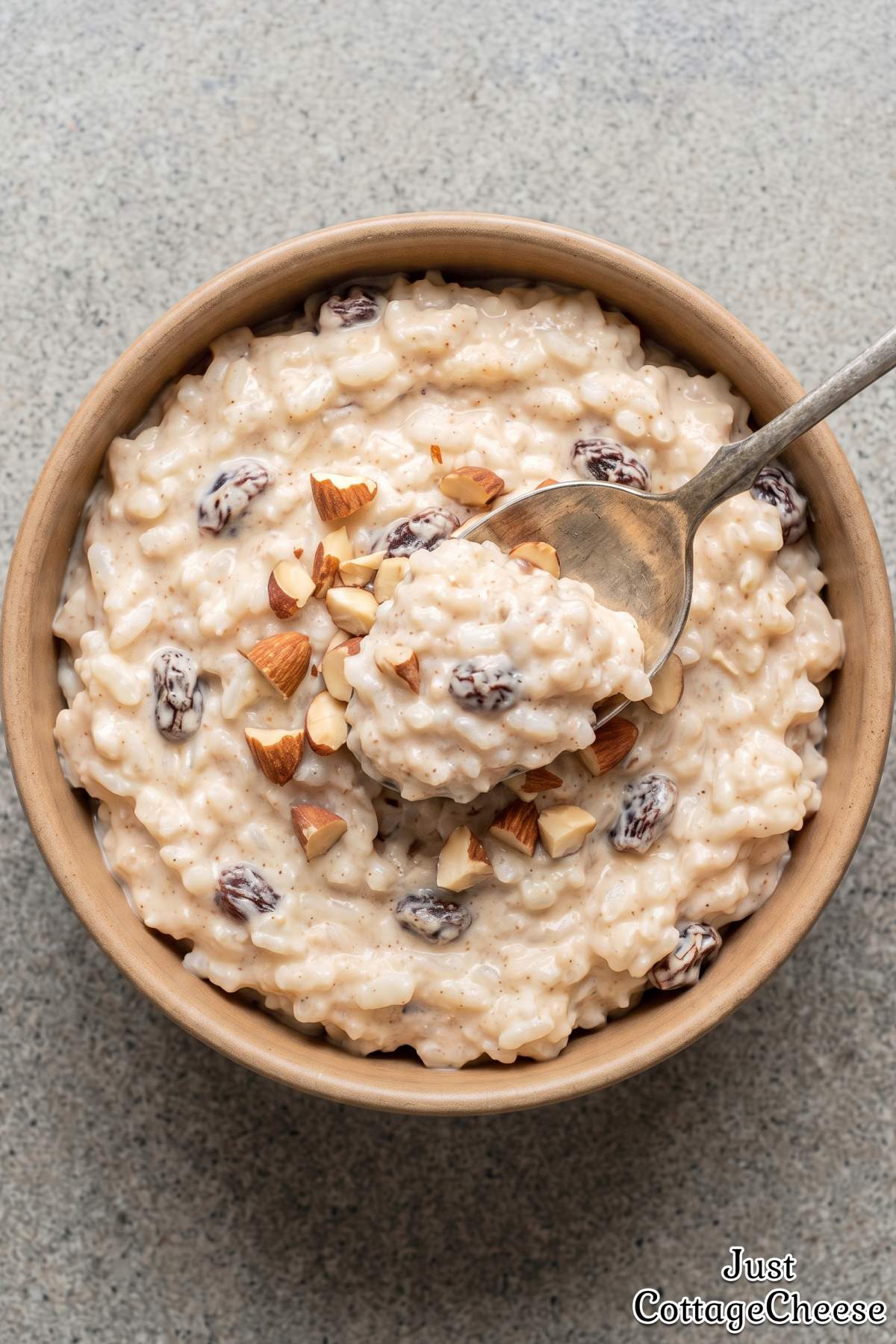 Sweet creamy protein rice pudding bowl