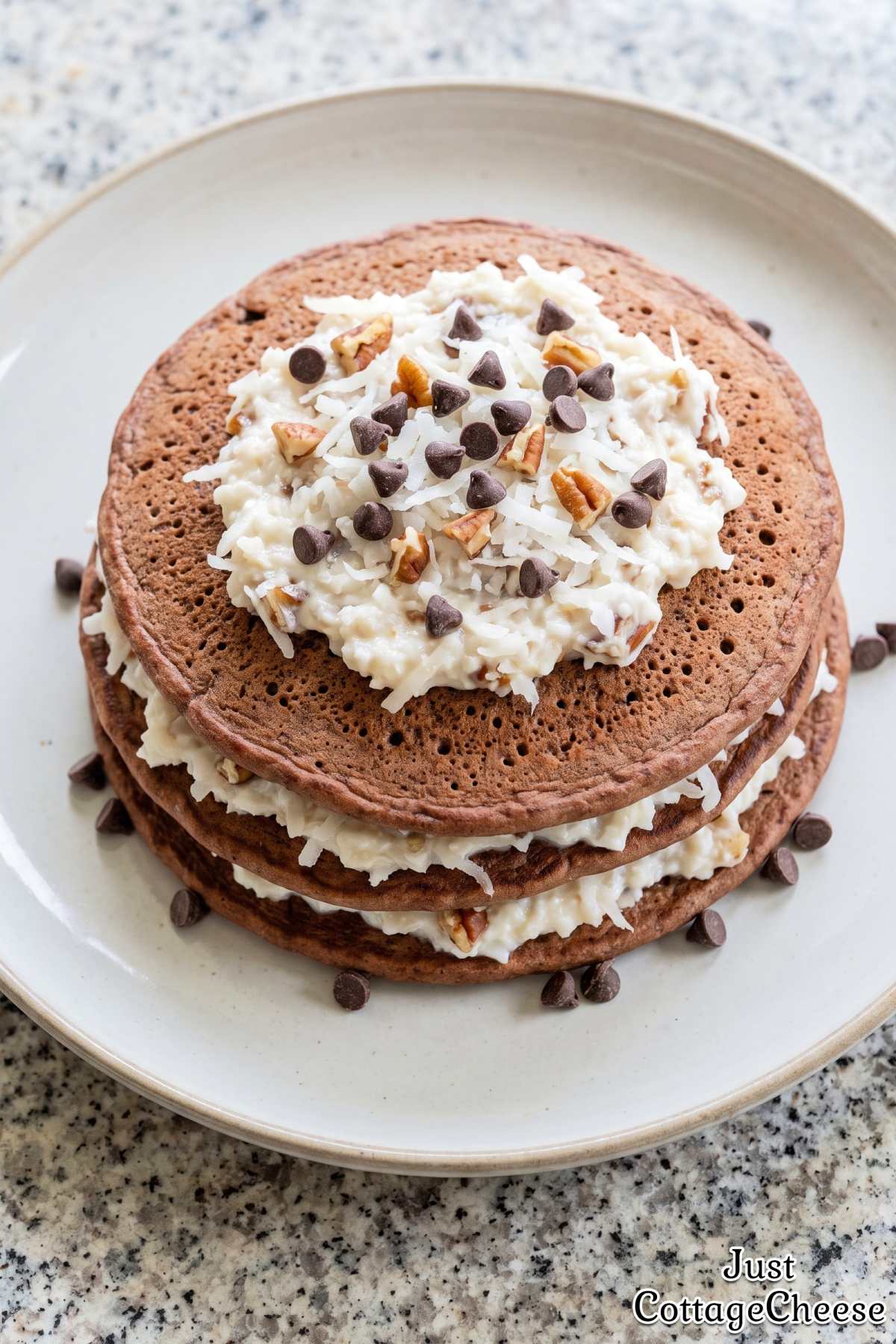 Fluffy protein German chocolate pancakes