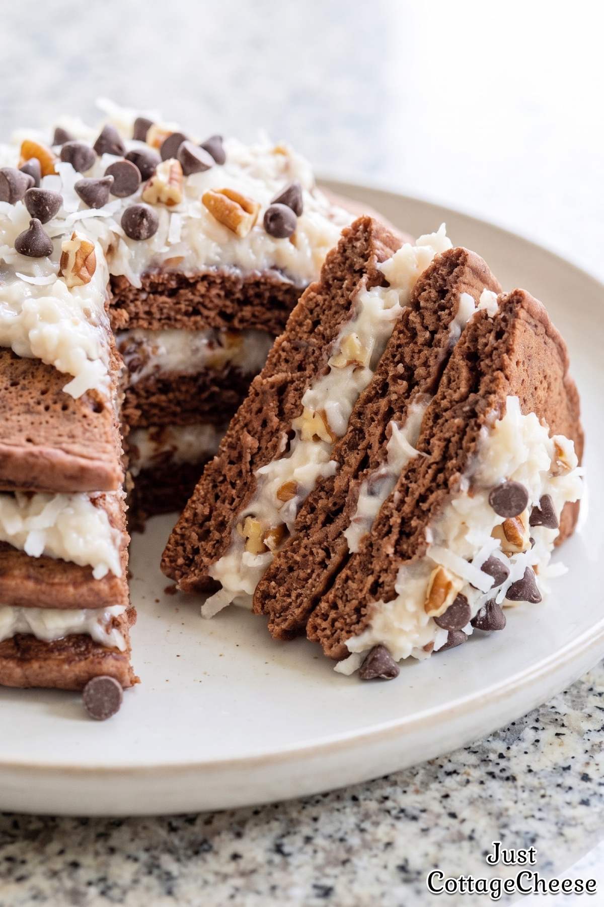 Protein German chocolate cottage cheese pancakes