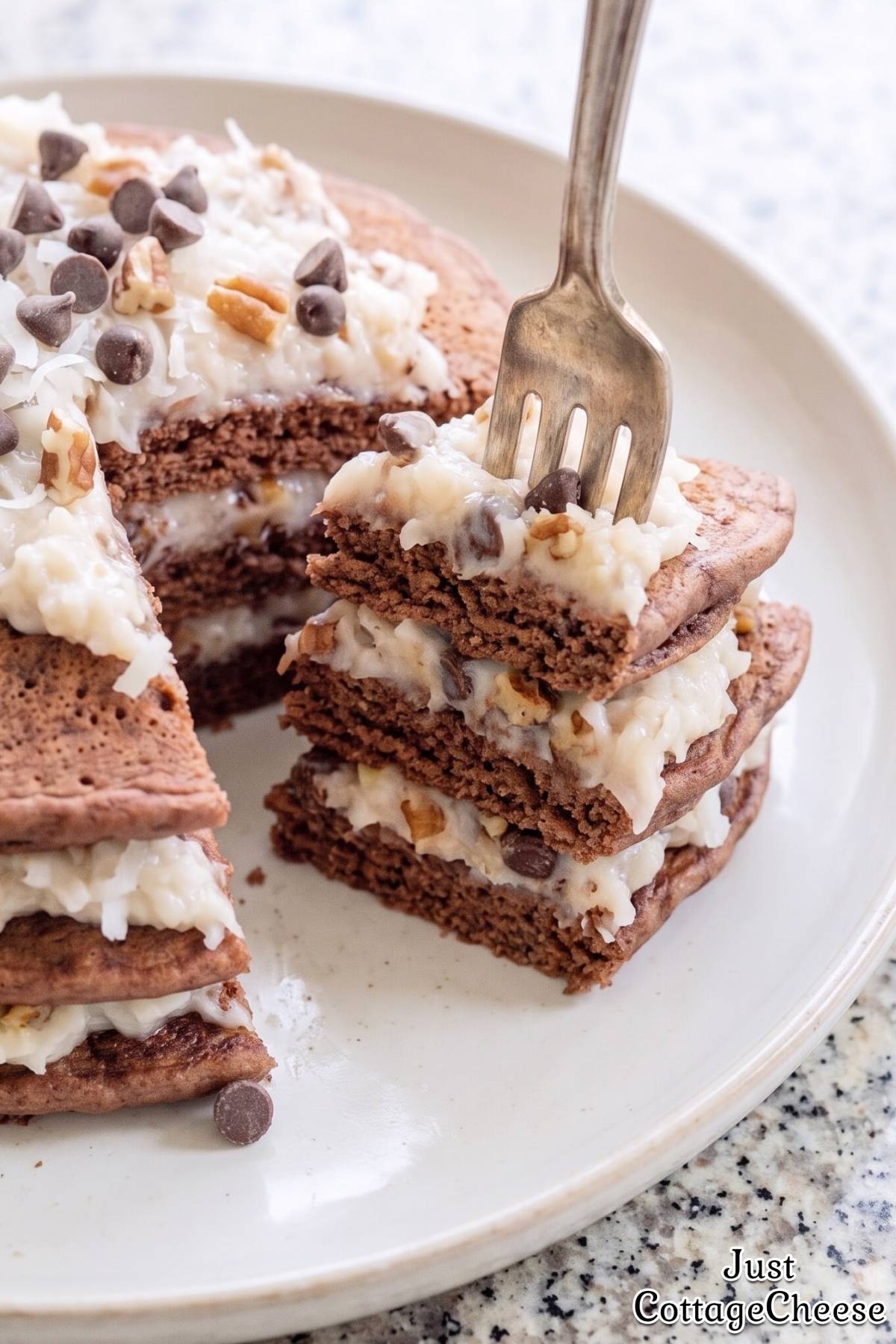 Creamy cottage cheese chocolate pancake stack