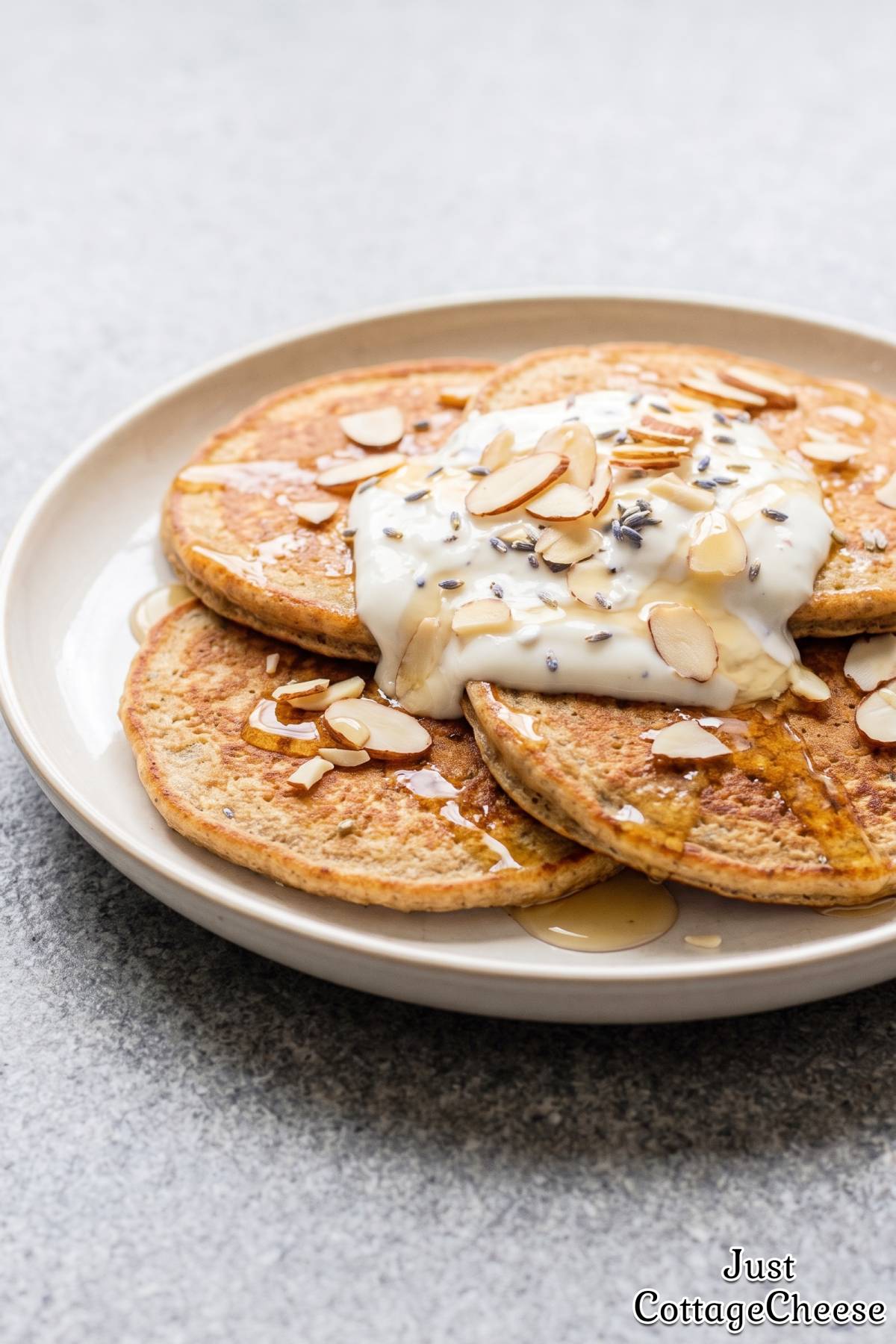 Warm honey lavender cottage cheese pancakes