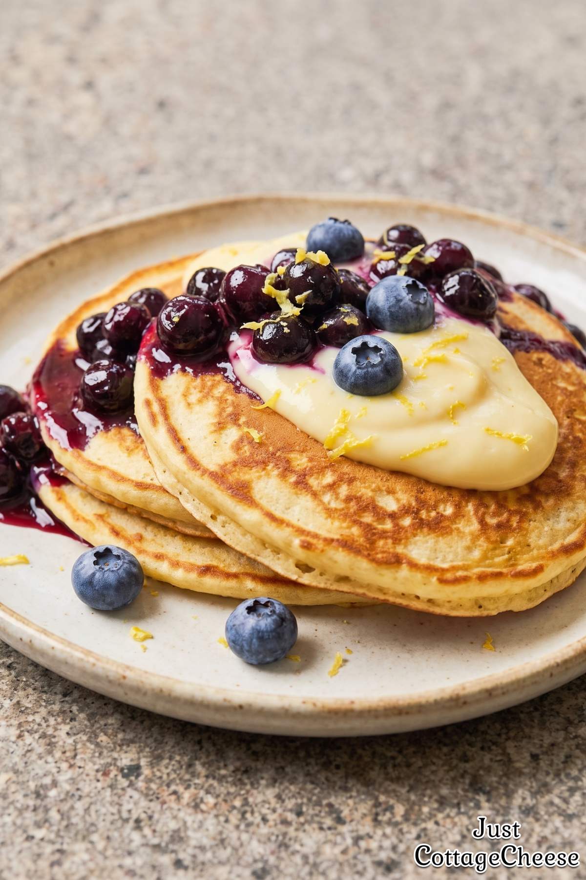 Fluffy cottage cheese lemon blueberry pancakes