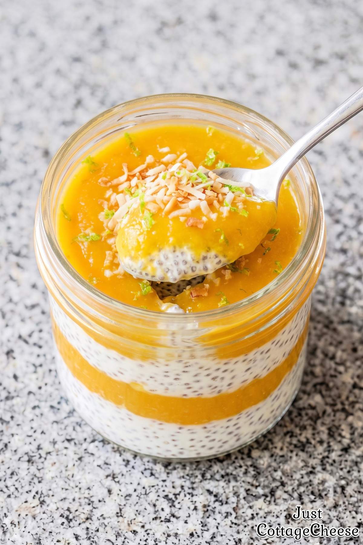 Layered cottage cheese and mango chia pudding