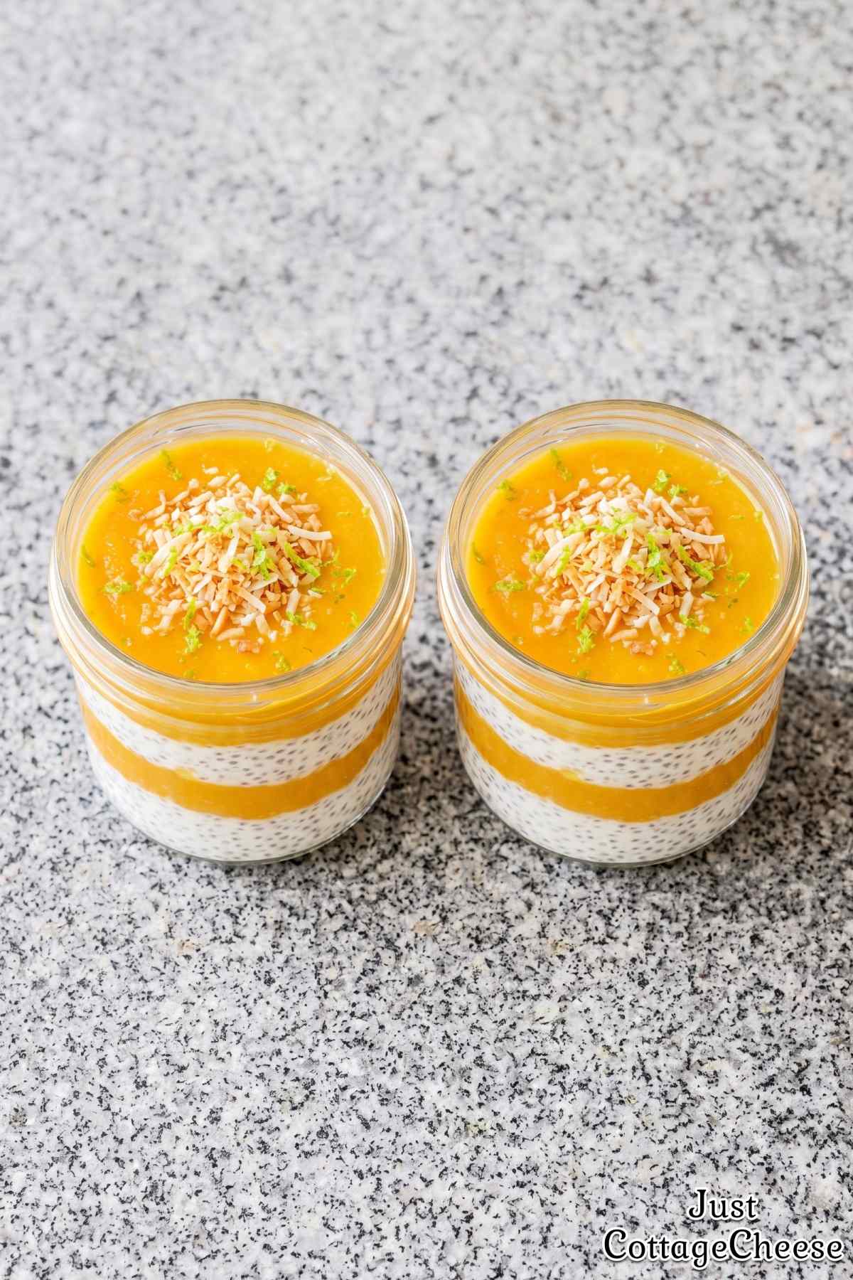 Cottage cheese protein mango chia pudding