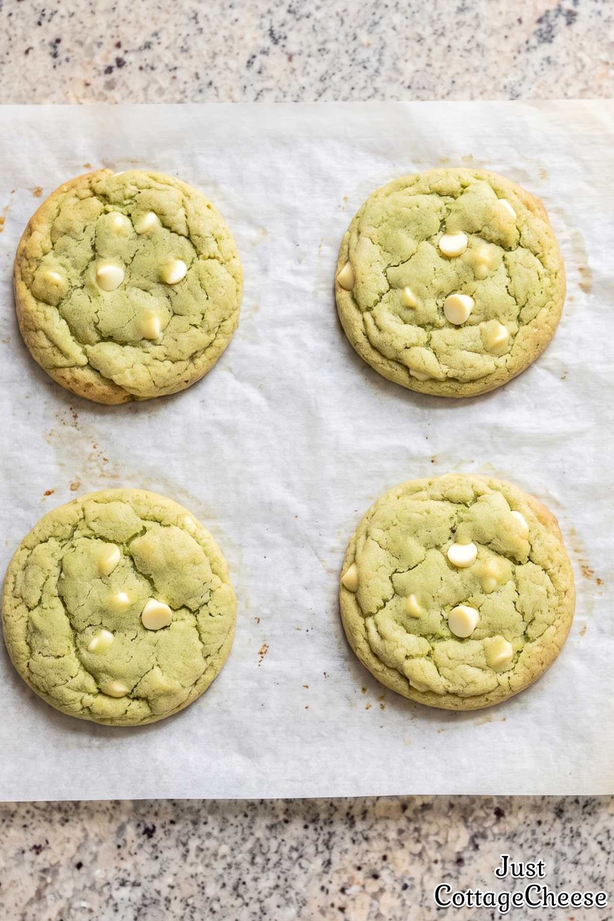 Soft protein matcha cookies stacked