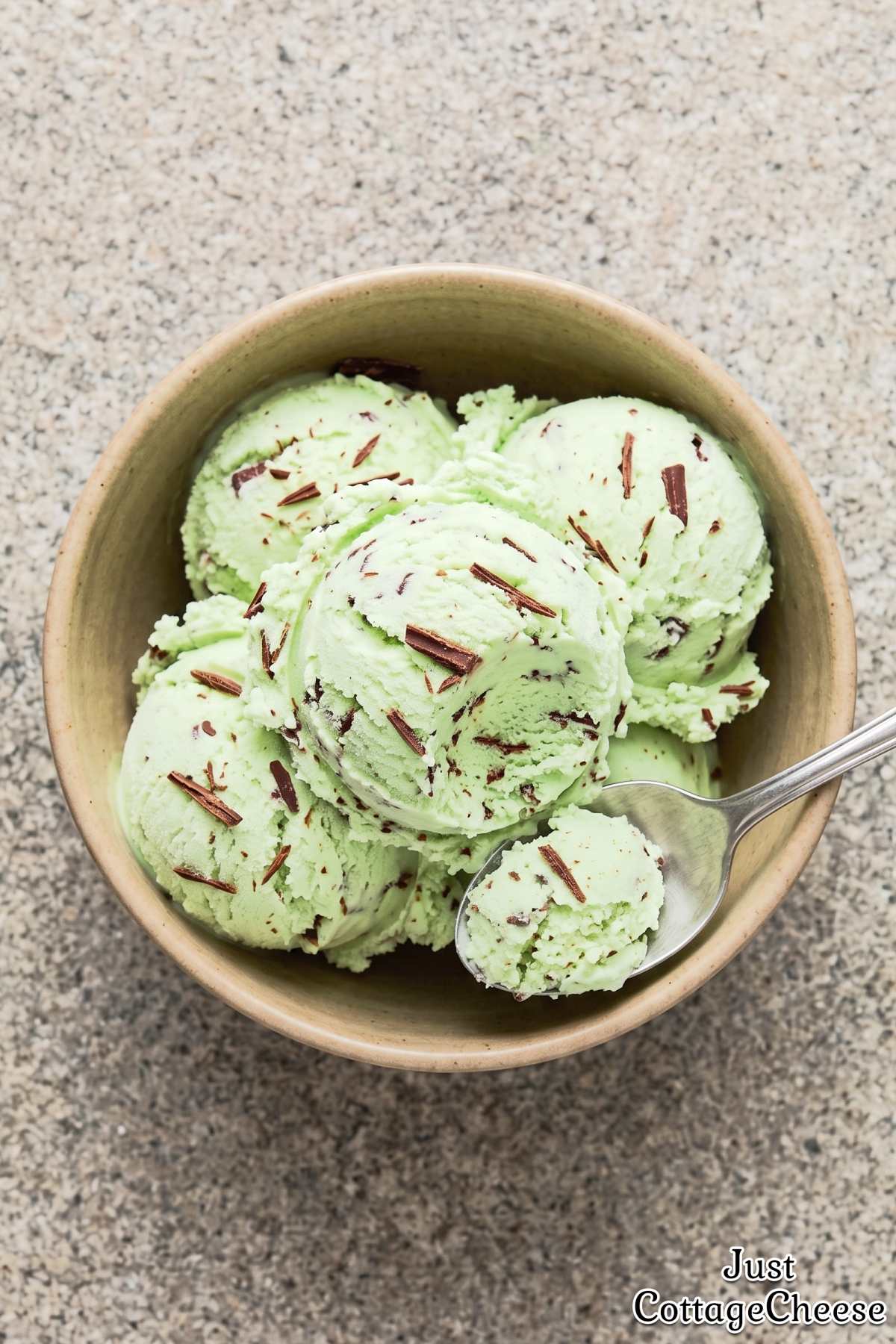 Scoop of high protein mint chip ice cream