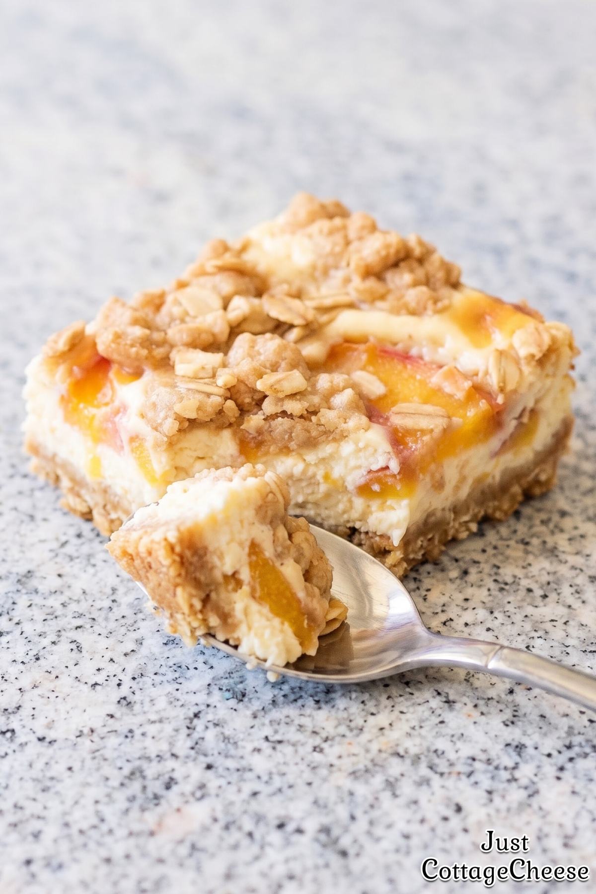 Creamy cottage cheese peach cheesecake bars