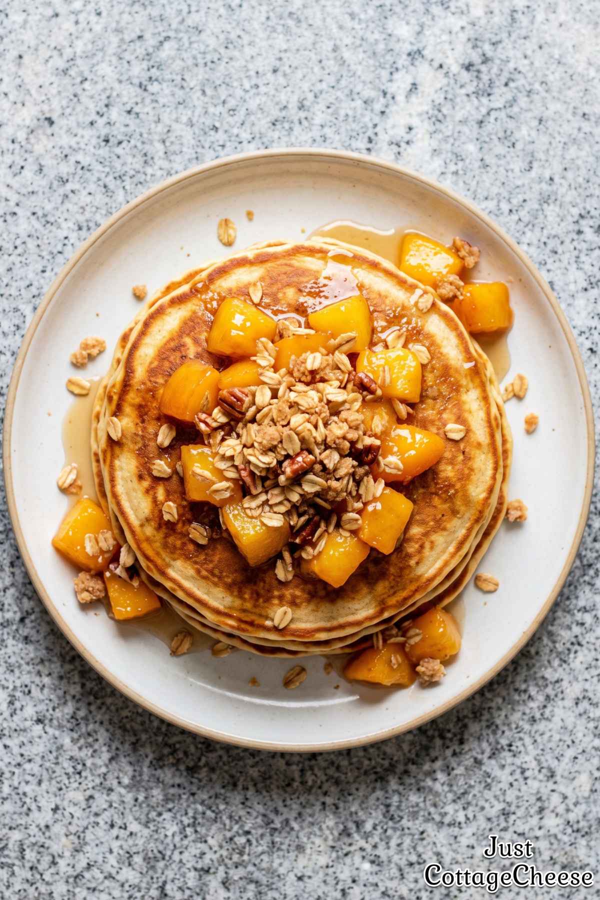 Fluffy peach cobbler protein pancakes