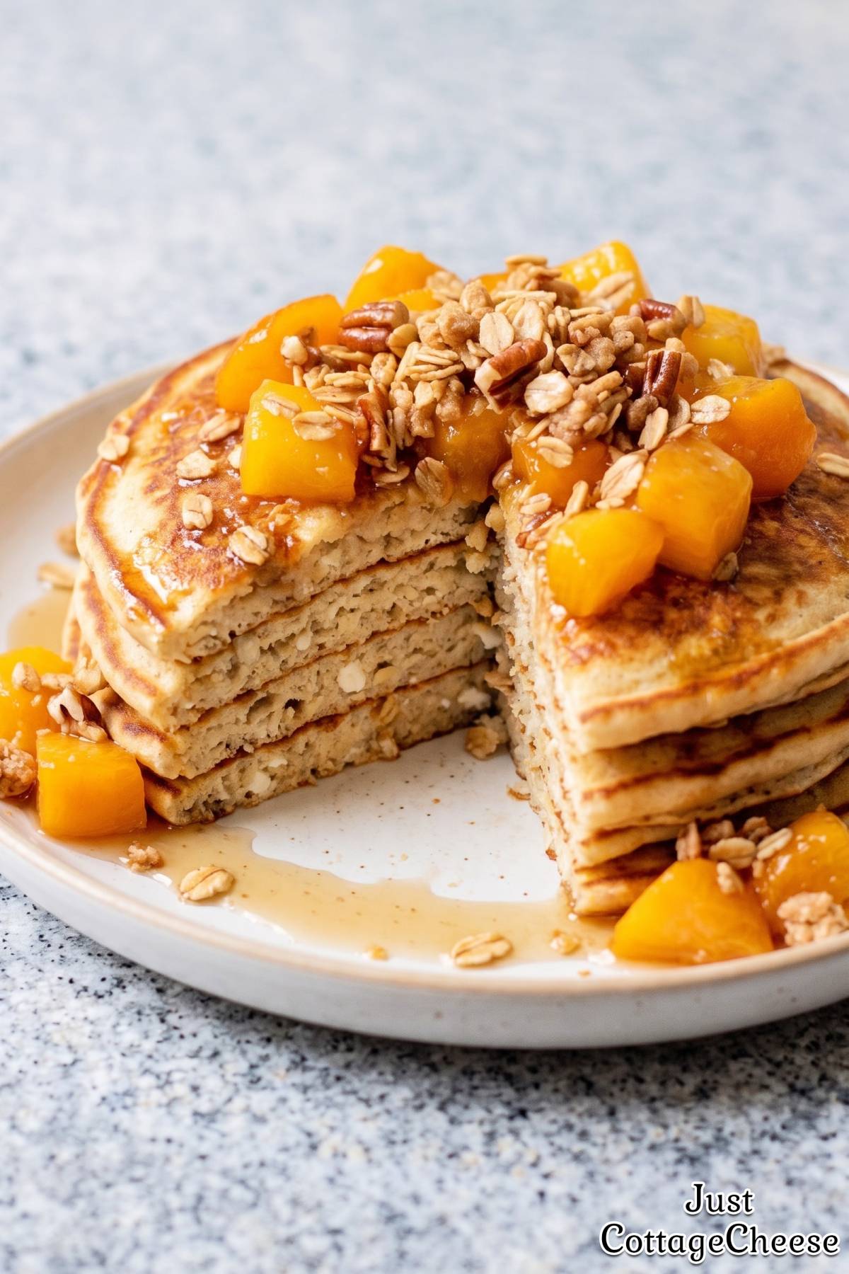 Warm cottage cheese peach pancakes