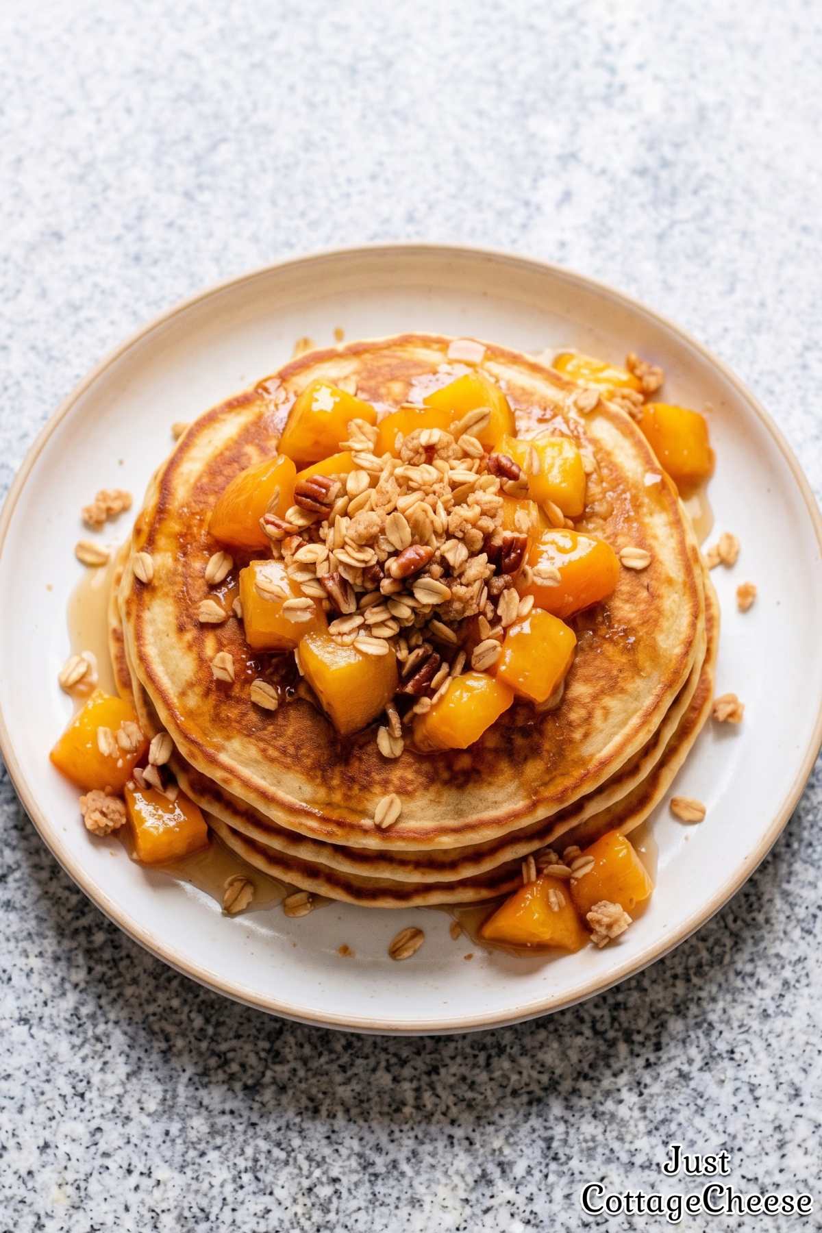 Sweet peach cobbler pancakes with protein