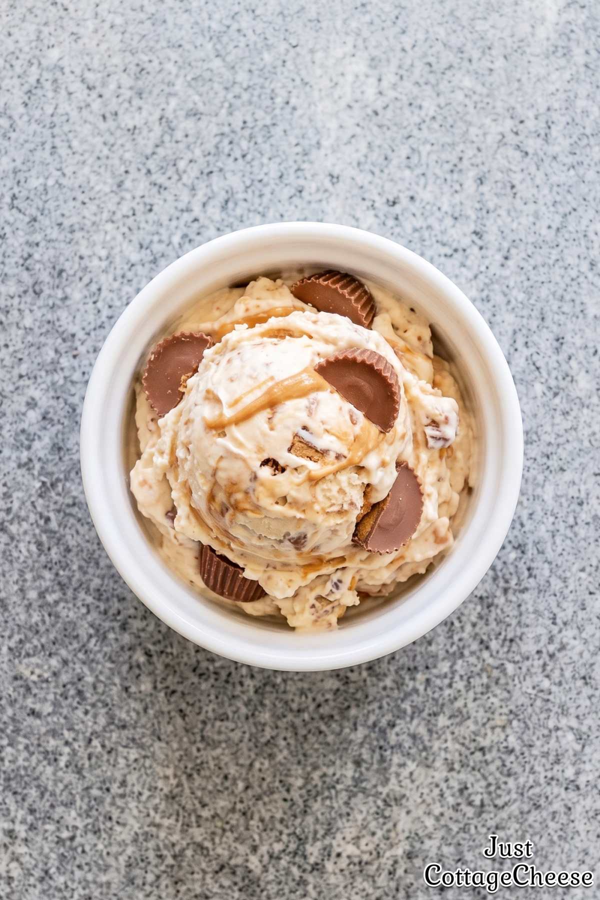 Peanut butter cup protein ice cream in a bowl