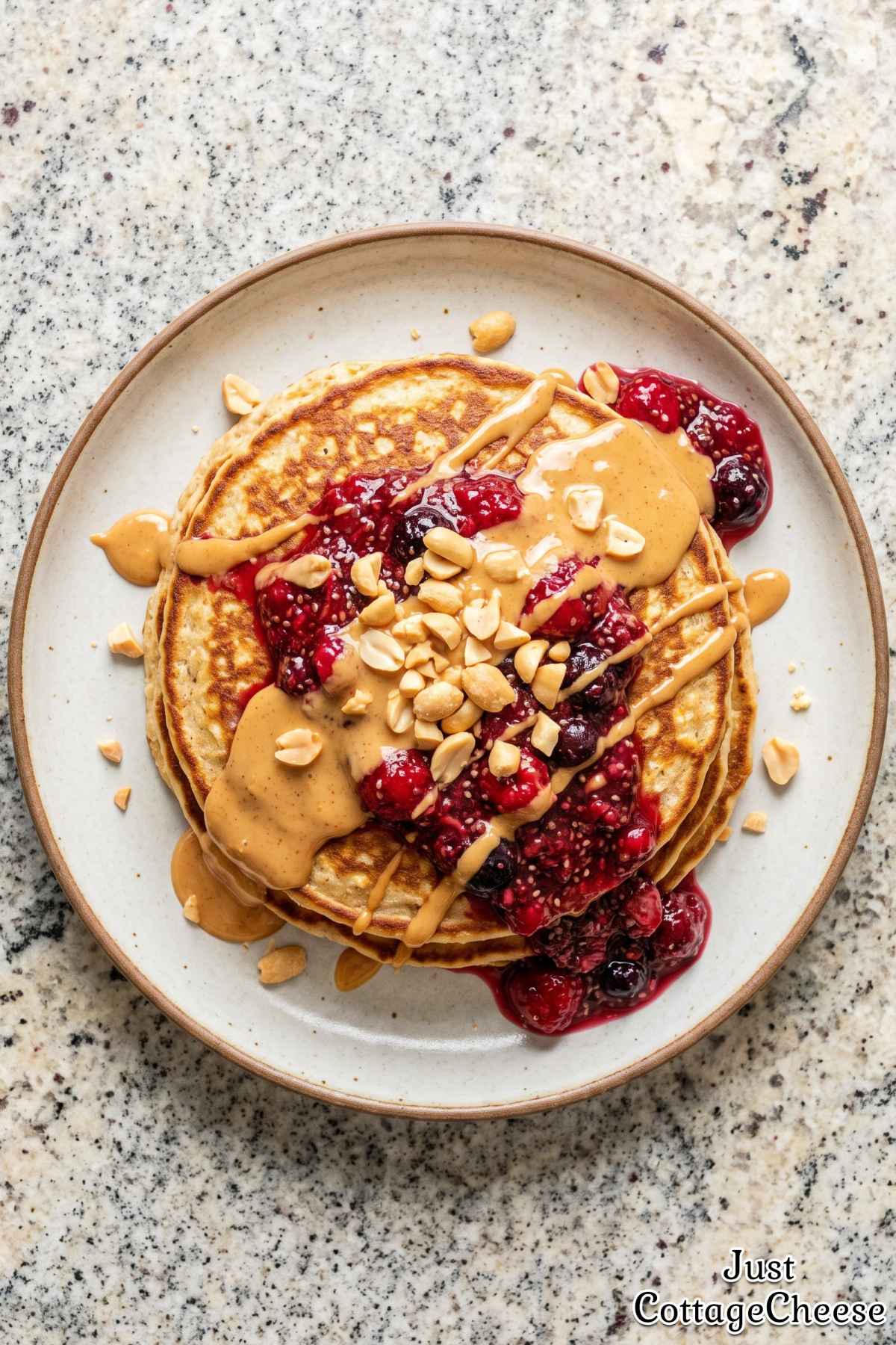 Warm PB&J cottage cheese pancakes