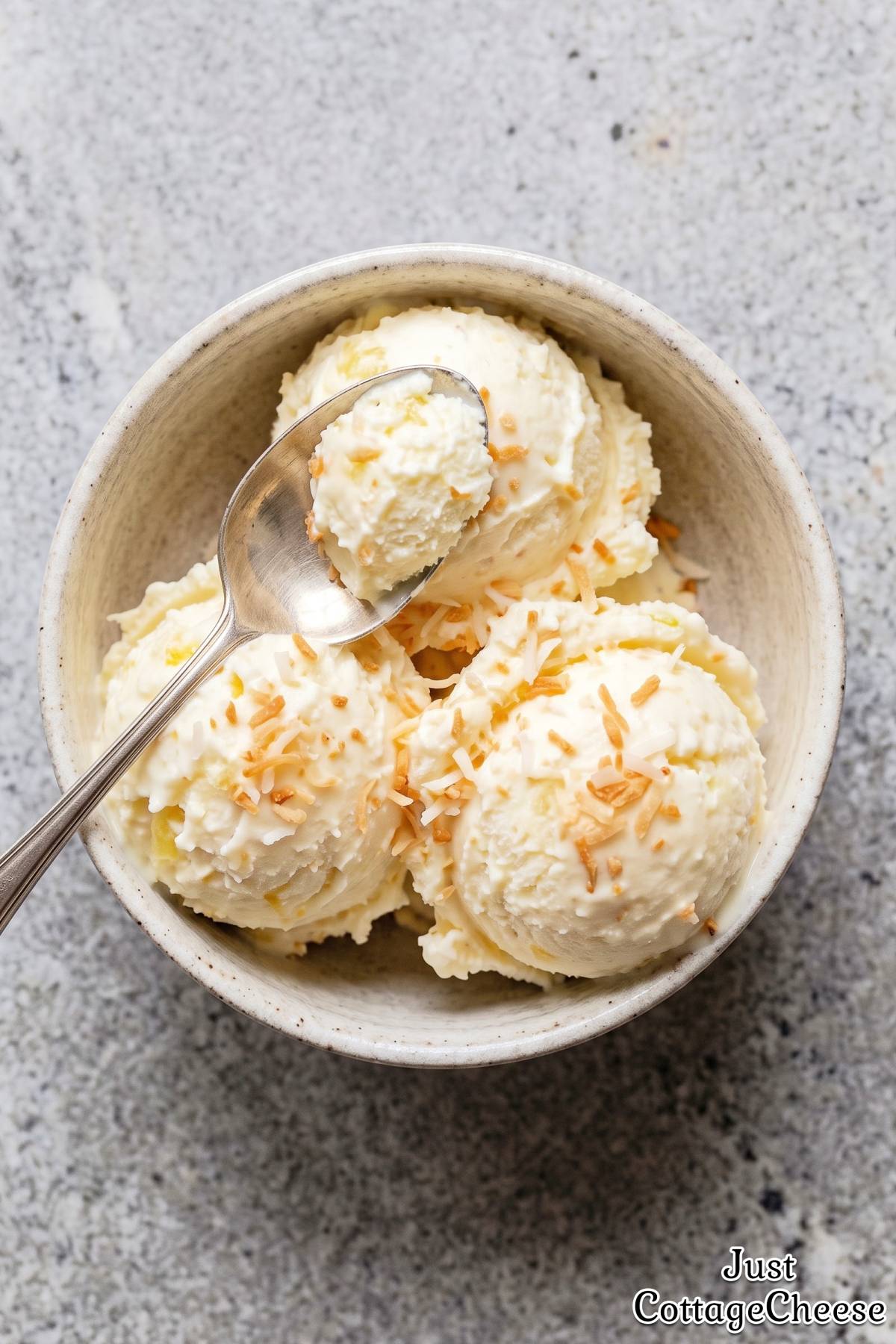 Chilled protein pina colada ice cream scoop