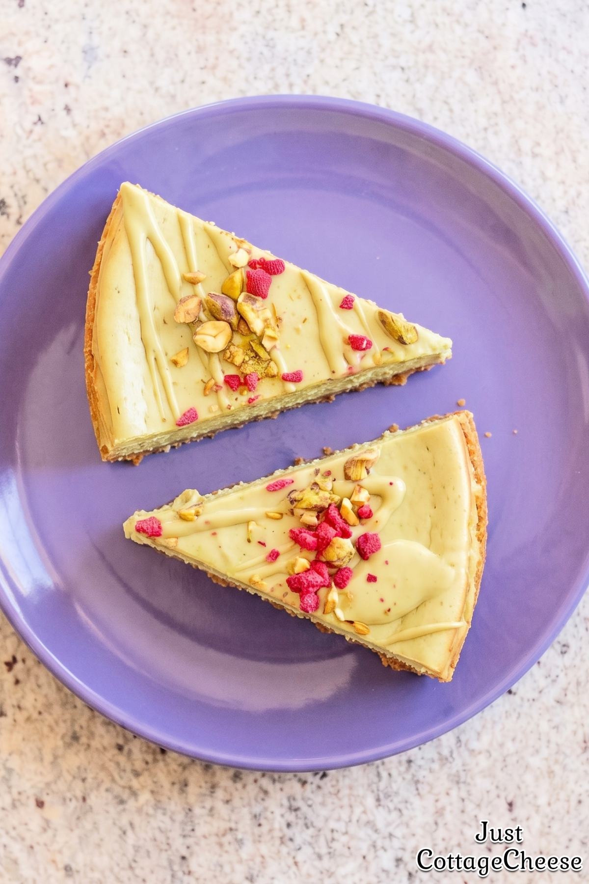 Green pistachio protein cheesecake slice