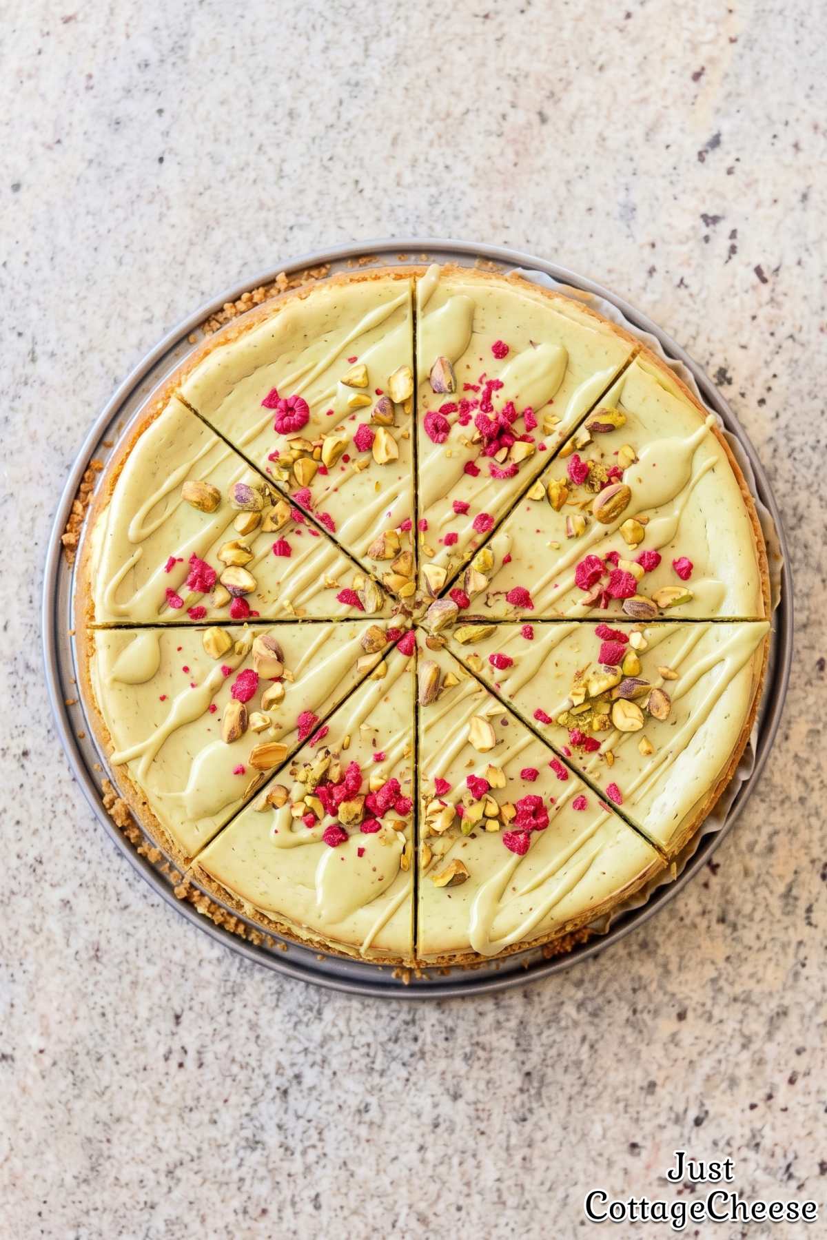 Thick slice of protein pistachio cheesecake