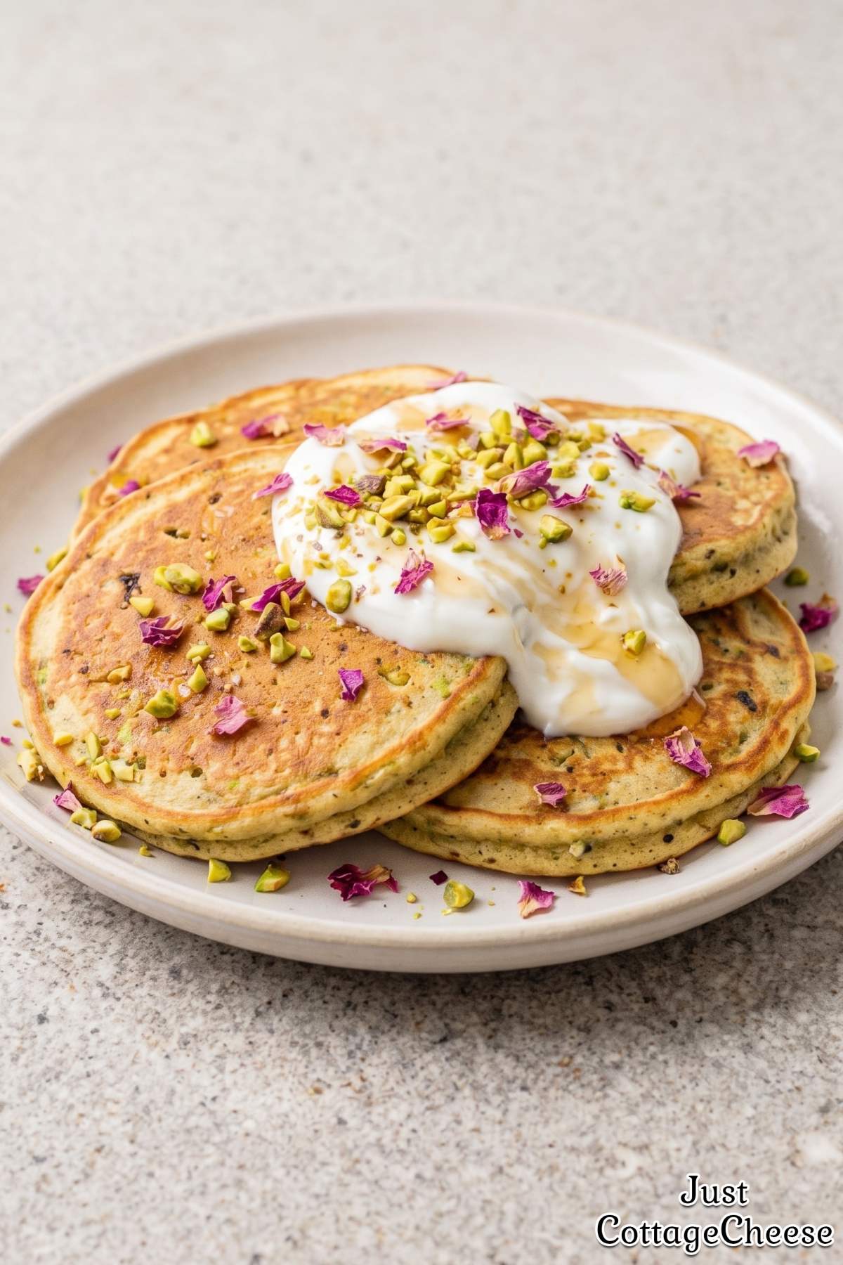 Rose petal and pistachio protein pancakes.