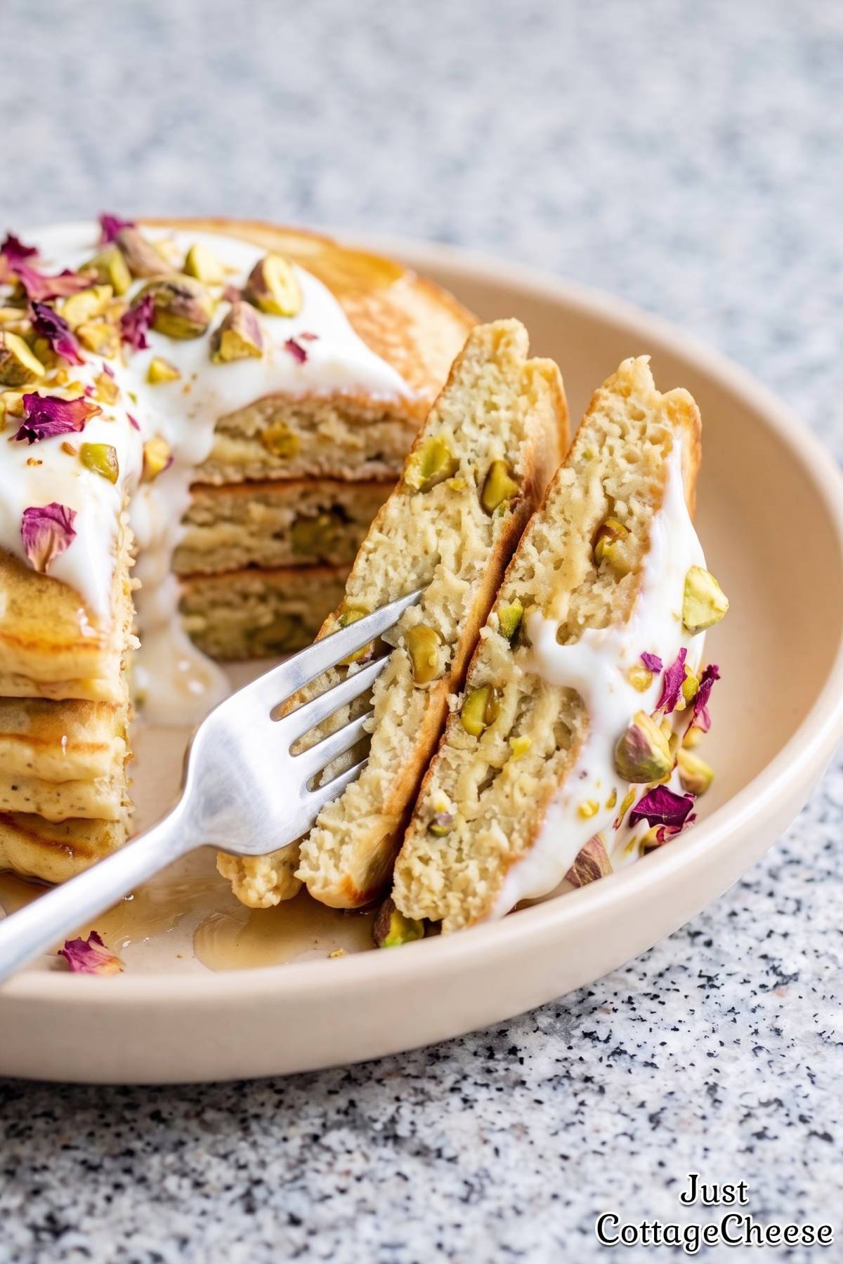 Soft cottage cheese pancakes with pistachios.
