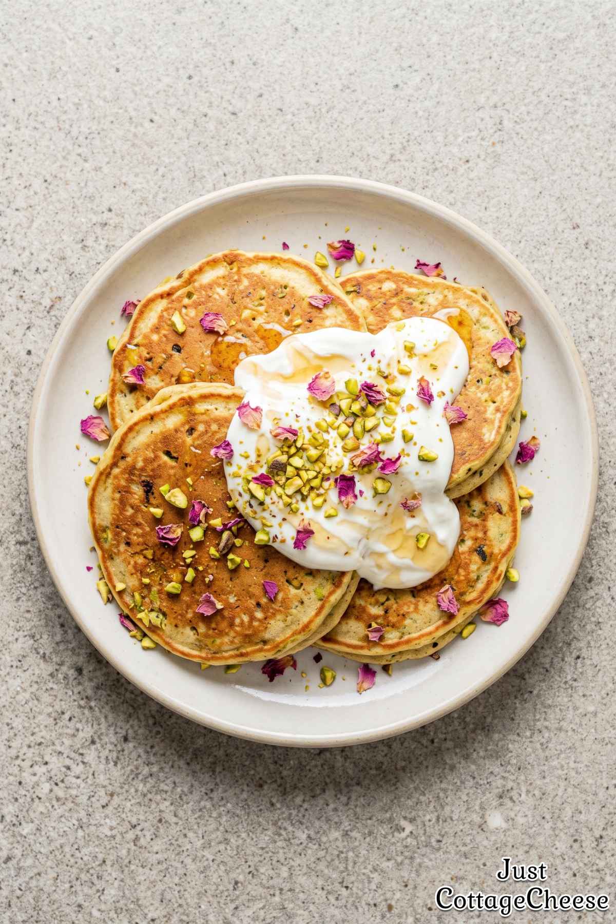 Healthy cottage cheese pistachio pancakes.