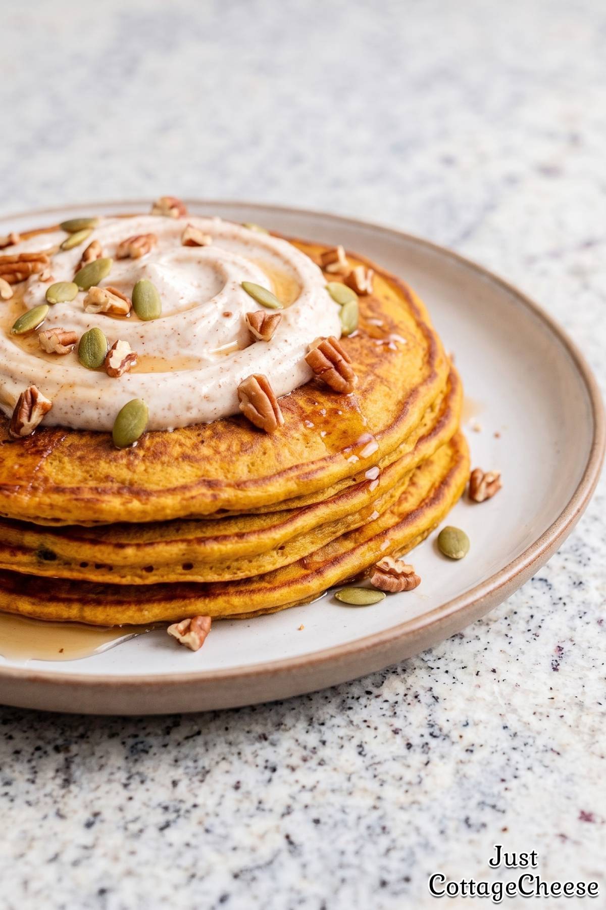 Wholesome protein pumpkin pie pancake stack.