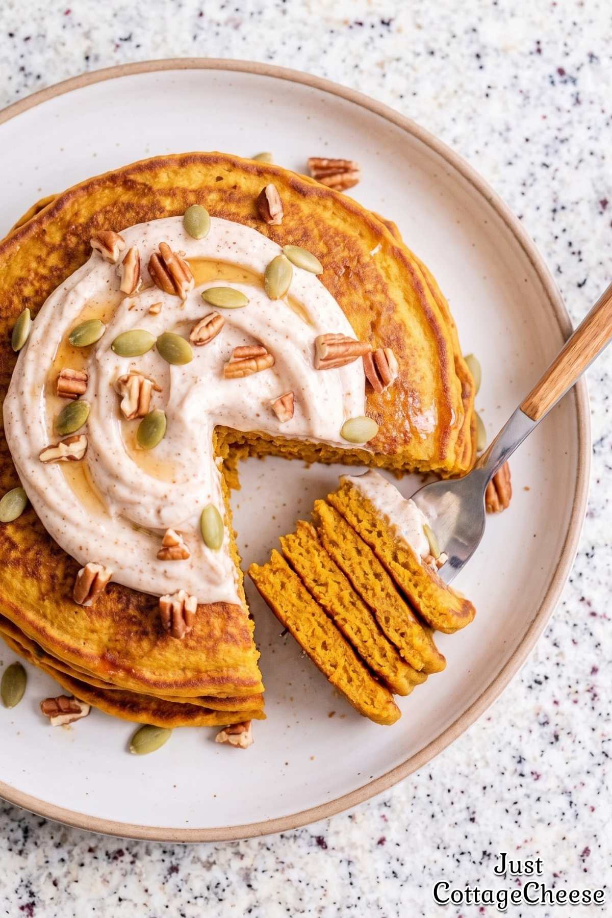 Fresh stack of pumpkin pie protein pancakes.