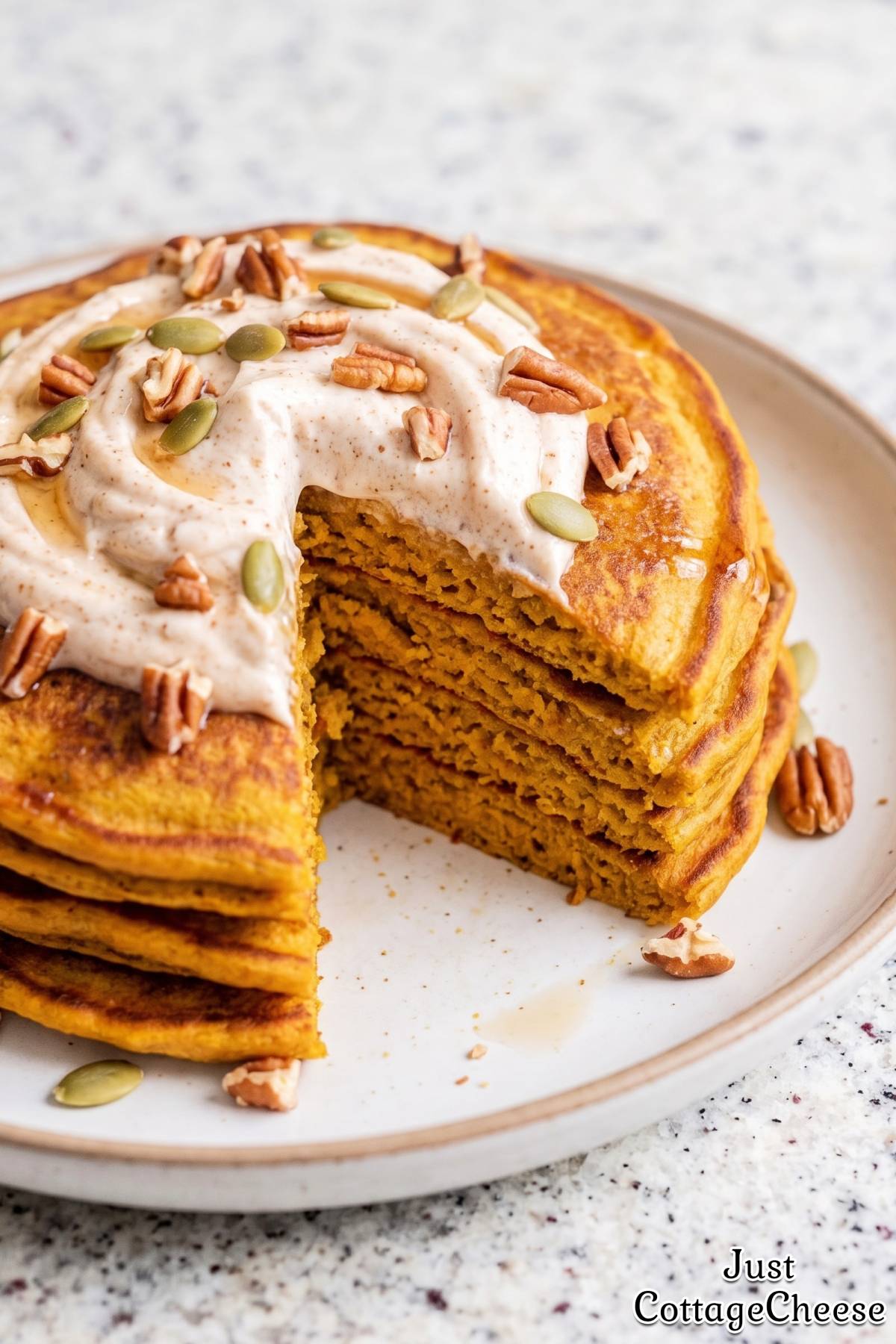 Tasty cottage cheese pumpkin pie pancakes.