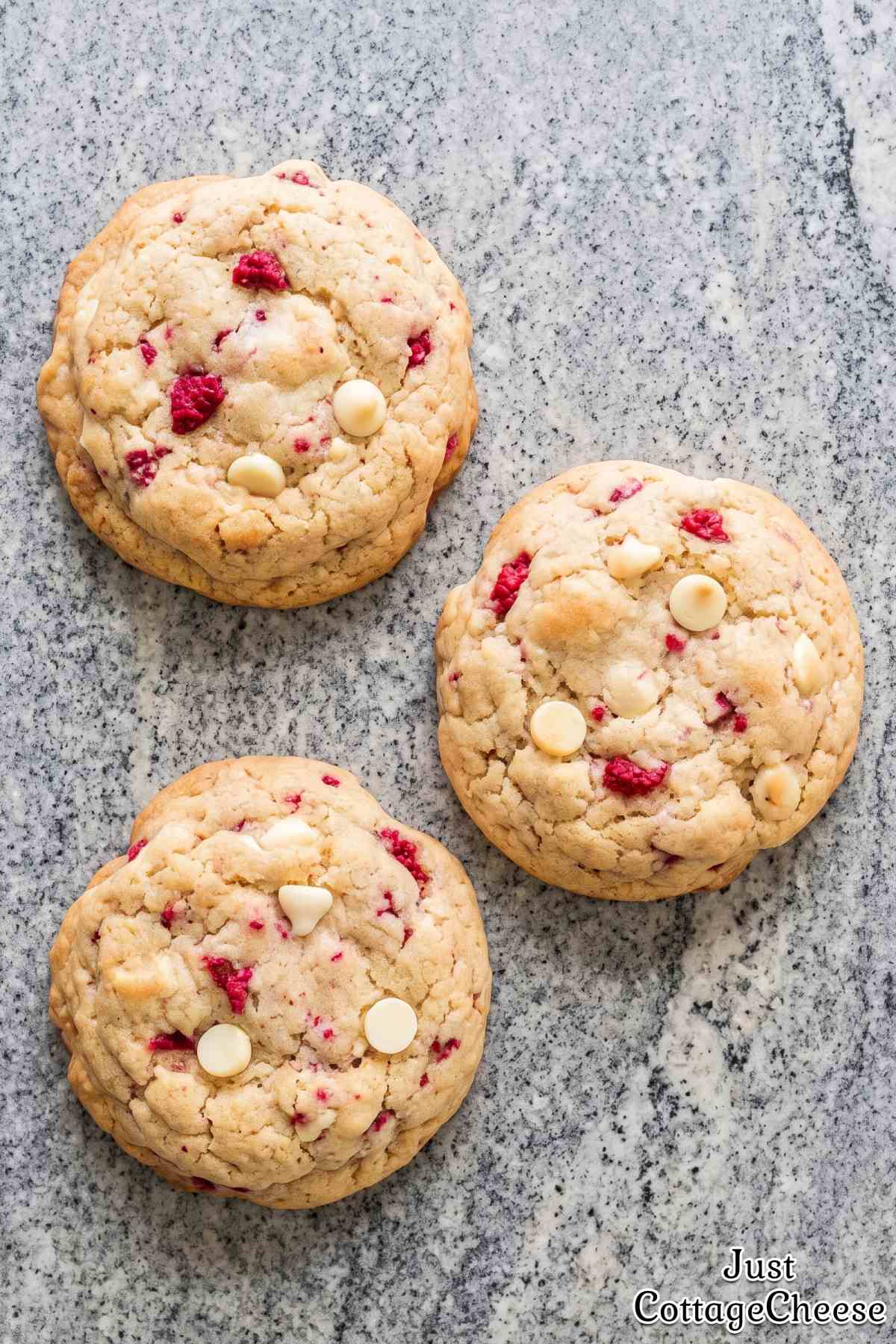 Soft raspberry protein cookies stacked