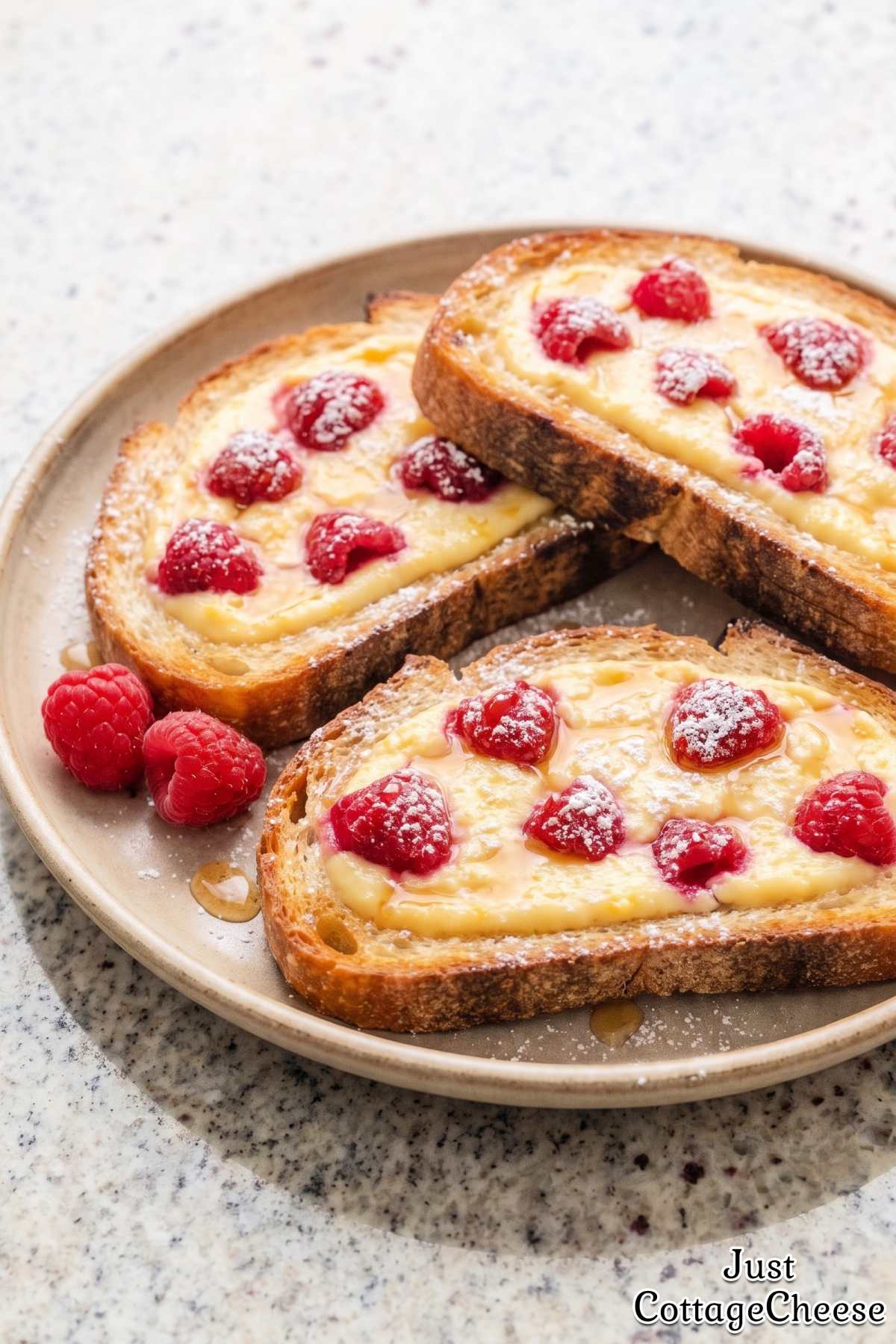 Warm cottage cheese raspberry custard toast