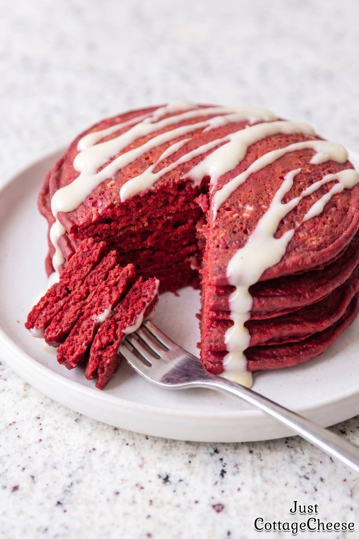 Stack of red velvet protein pancakes