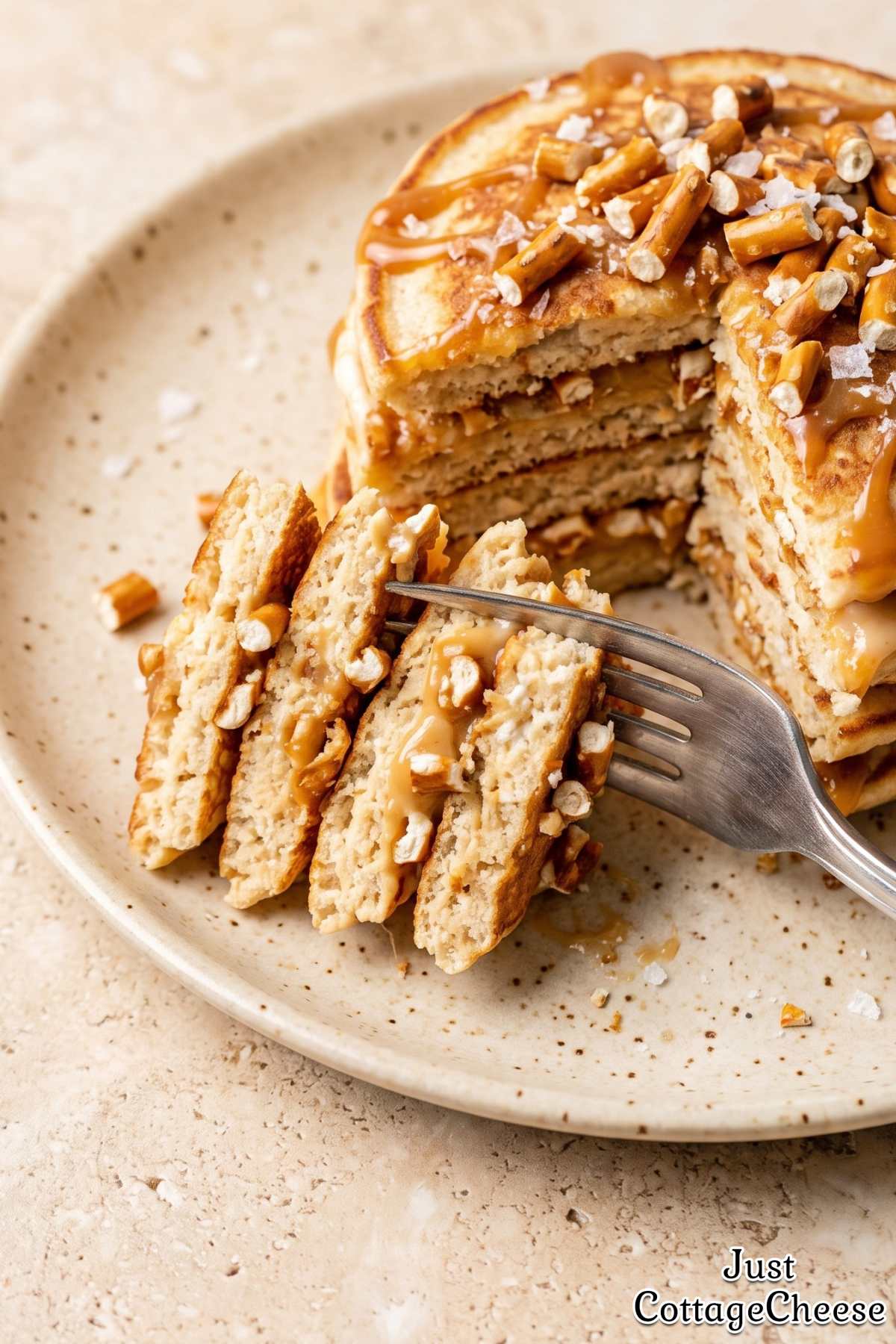 Salted caramel pretzel protein pancake stack