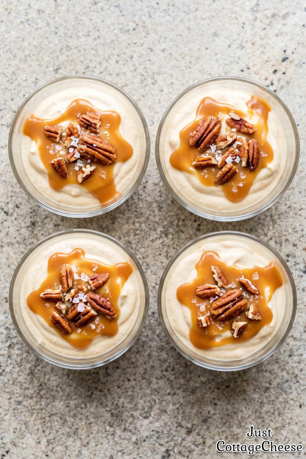 Cottage cheese pudding with caramel drizzle