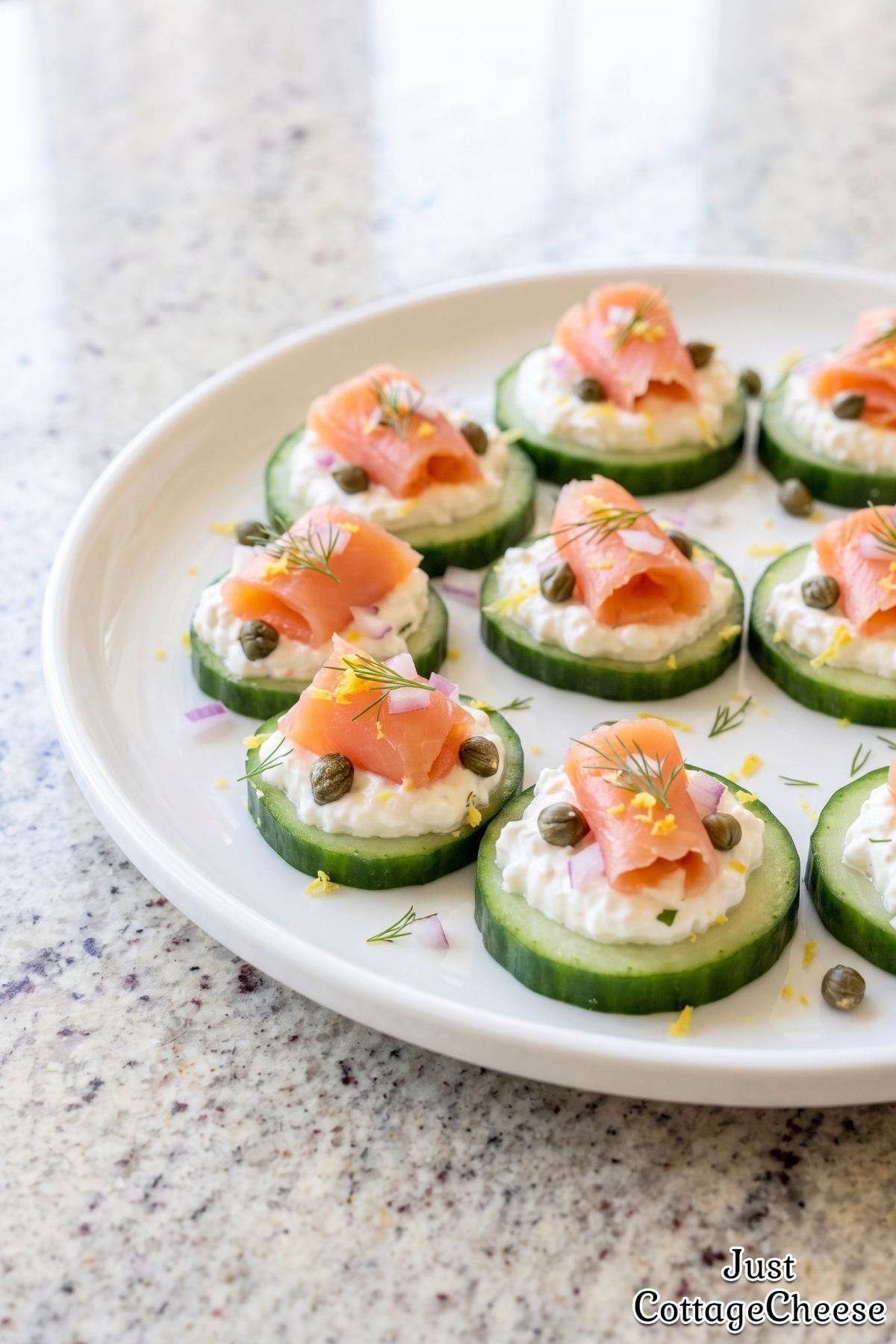 Crisp cucumber slices with smoked salmon
