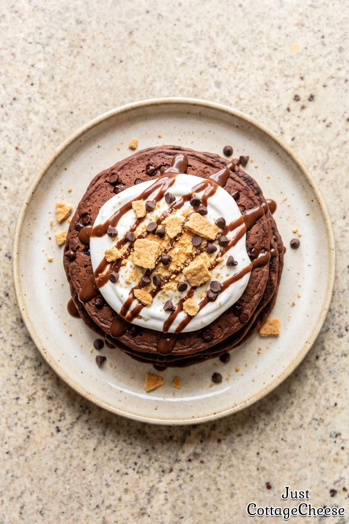 Stacked s'mores pancakes with graham