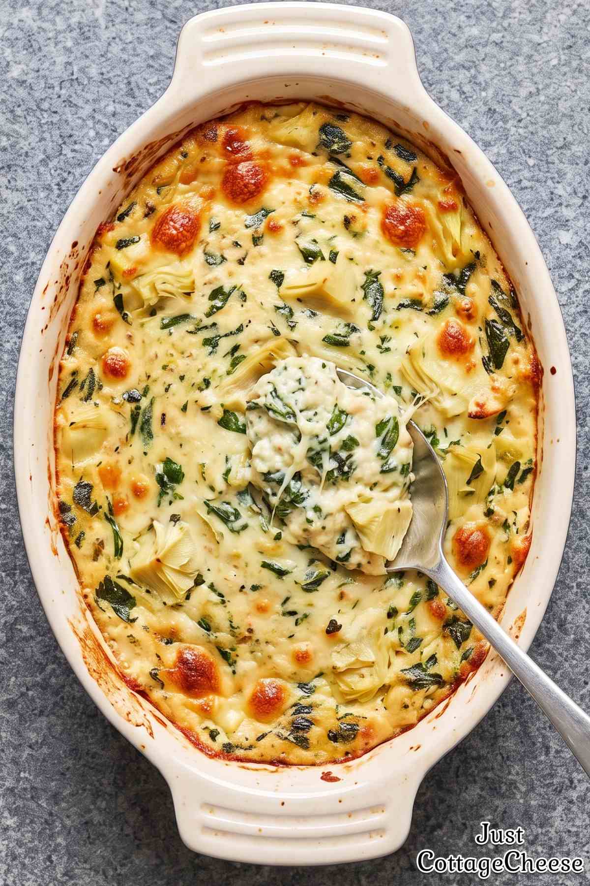 Creamy cottage cheese spinach artichoke dip