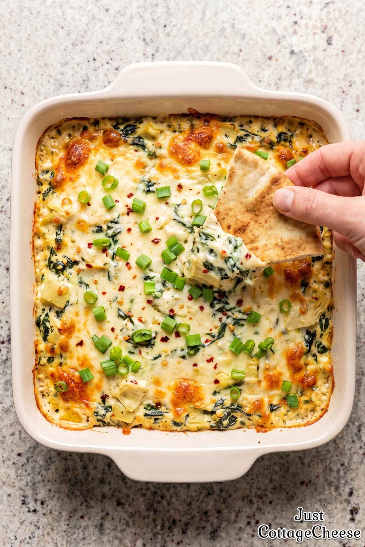 Fresh baked cottage cheese spinach dip